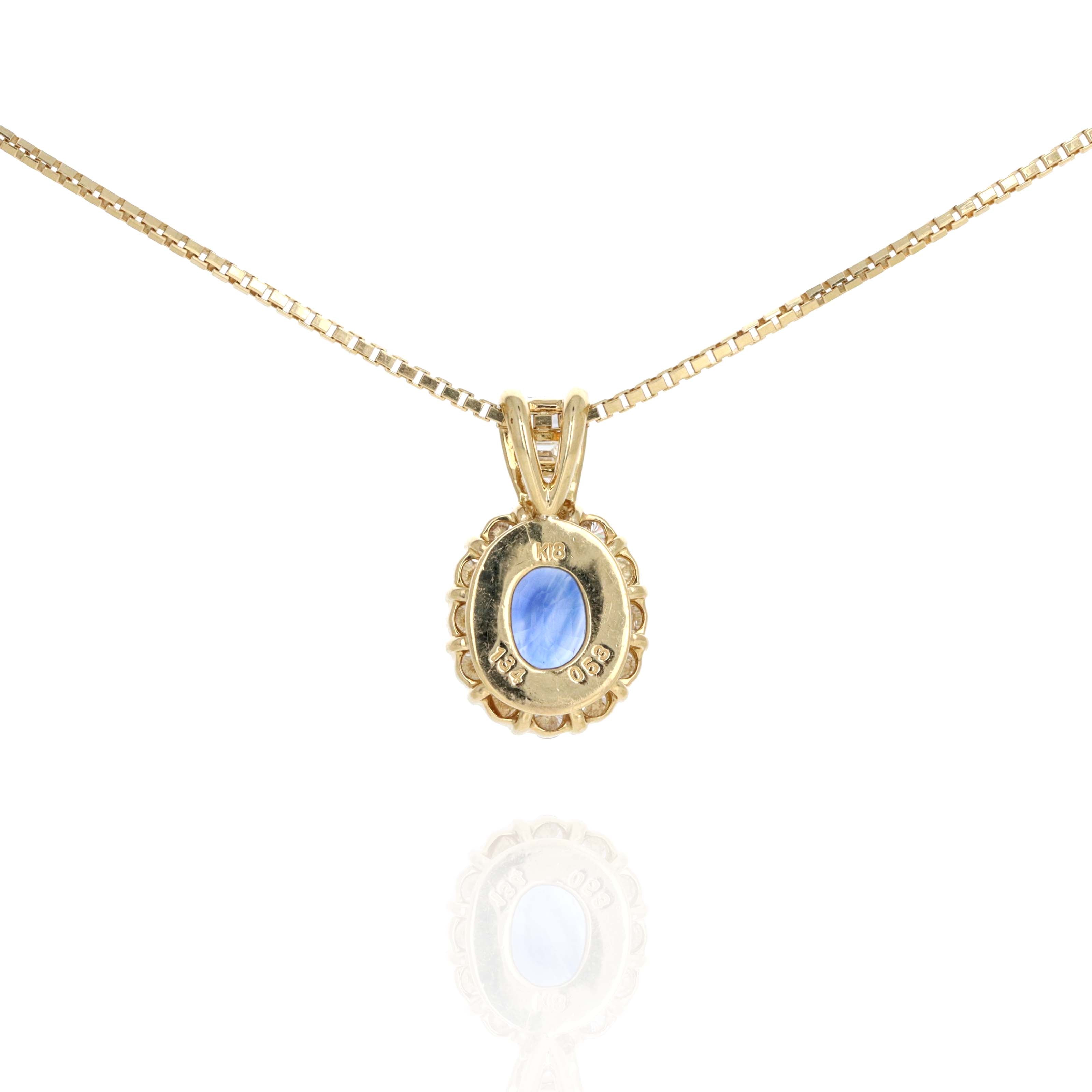 18K Yellow Gold 1.34 Carat Oval Sapphire Diamond Halo Pendant Necklace - Queen May