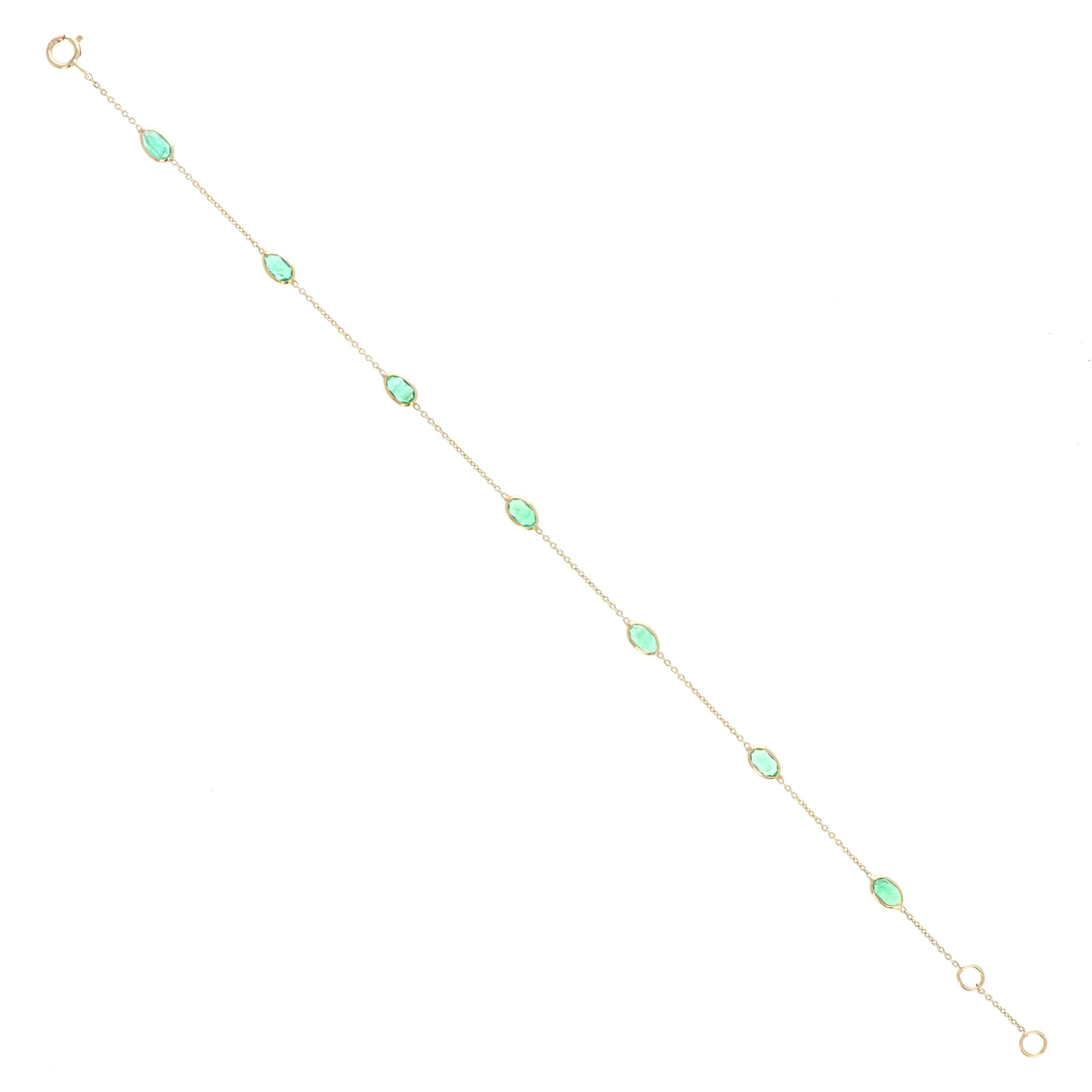 14K Yellow Gold 1.39 Carat Emerald Oval Bezel Bracelet