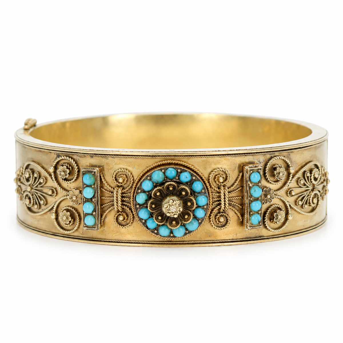 Victorian Etruscan Revival 14K Yellow Gold Turquoise Bangle - Queen May