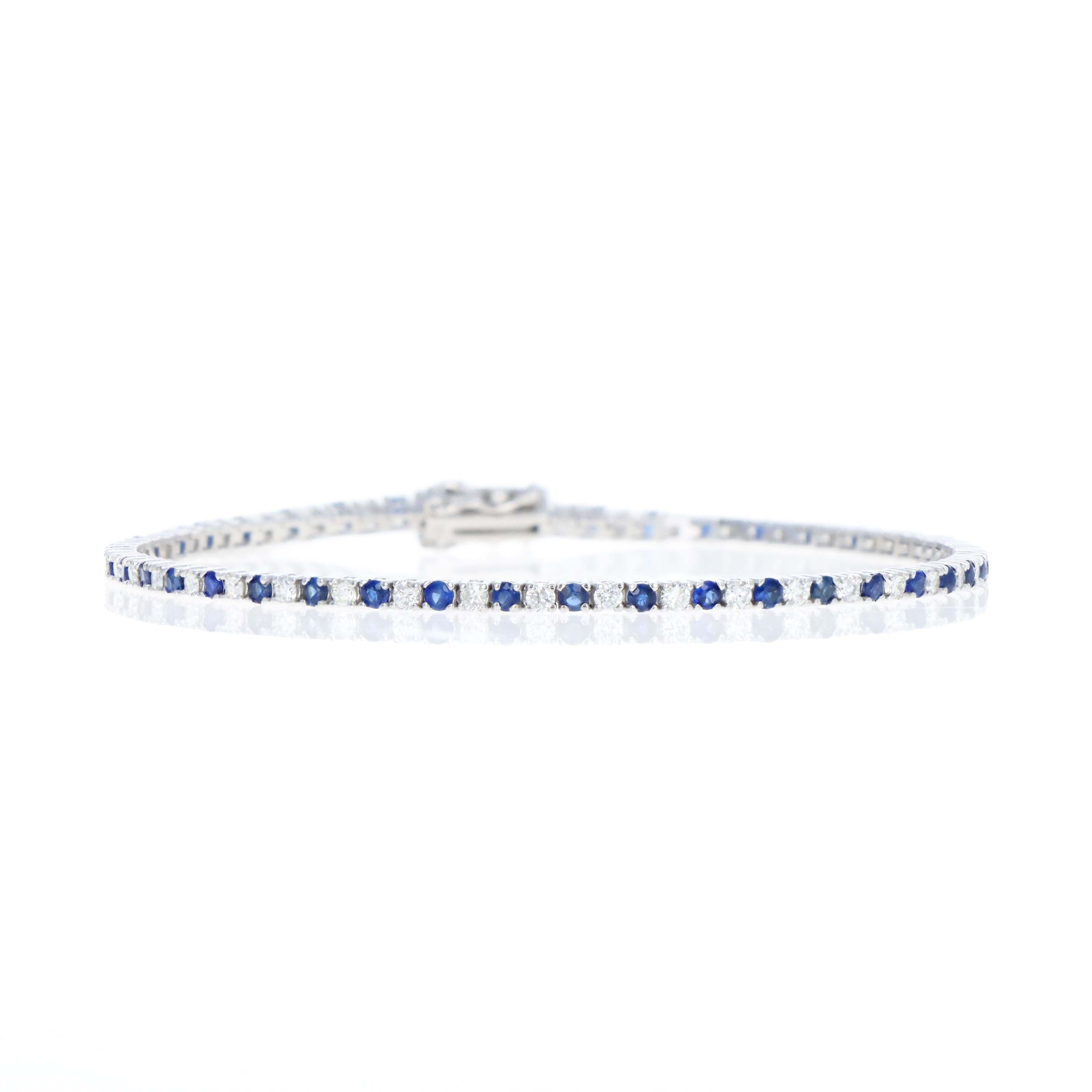 14K White Gold 2.60 Carat Diamond and Sapphire Alternating Tennis Bracelet