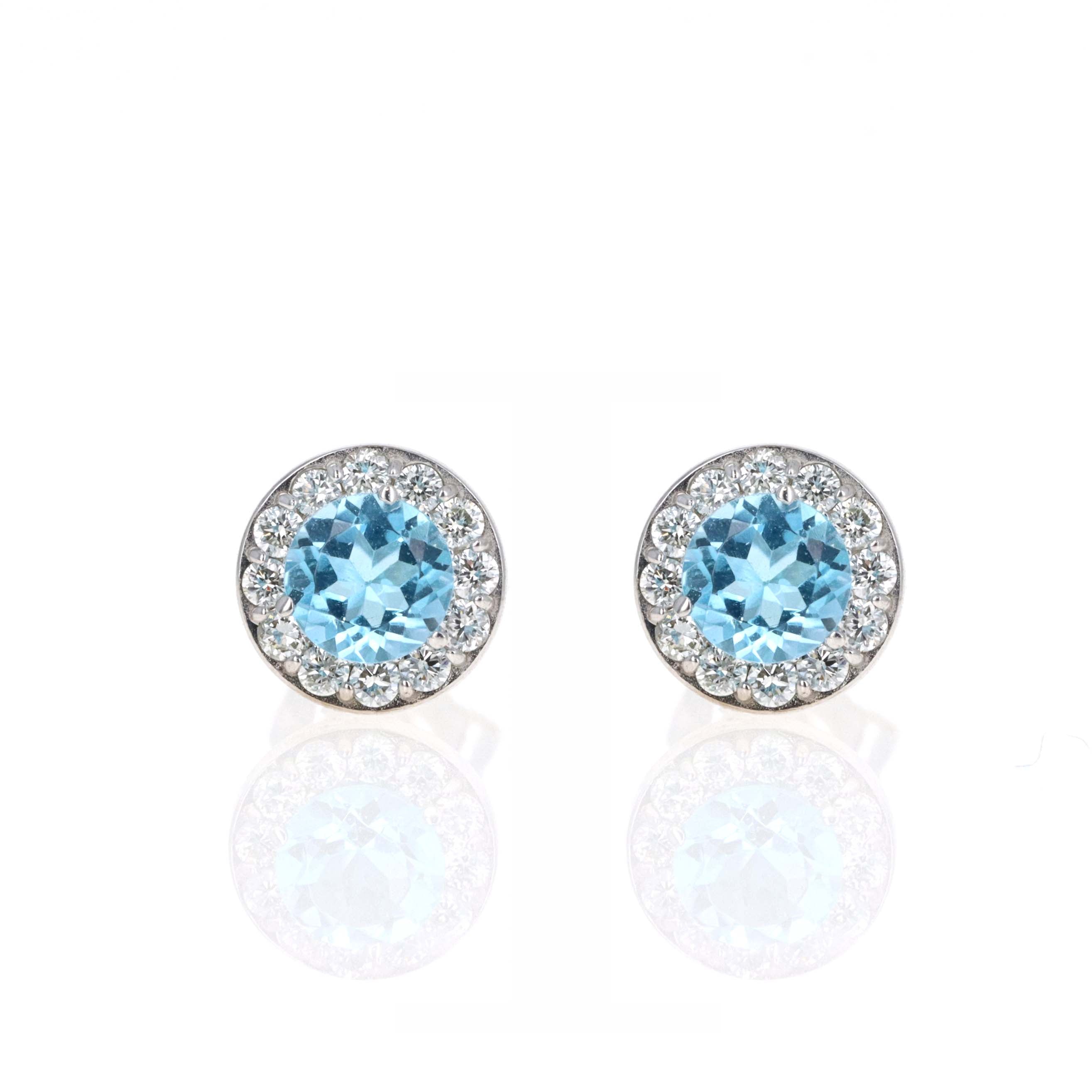 14K White Gold Diamond Halo Birth Stone Stud Earrings - Queen May