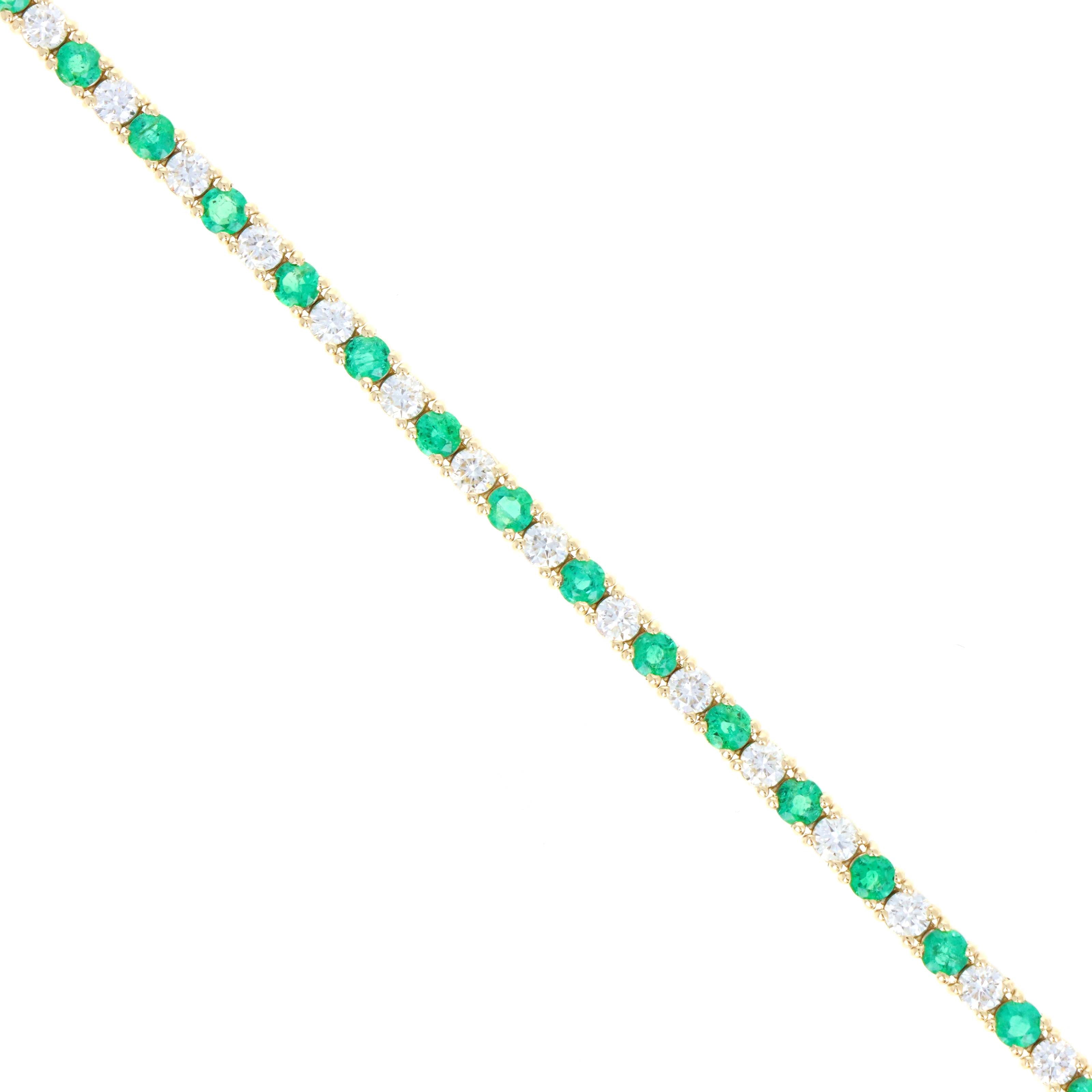 14K Yellow Gold 4.30 Carat Diamond and Emerald Alternating Tennis Bracelet