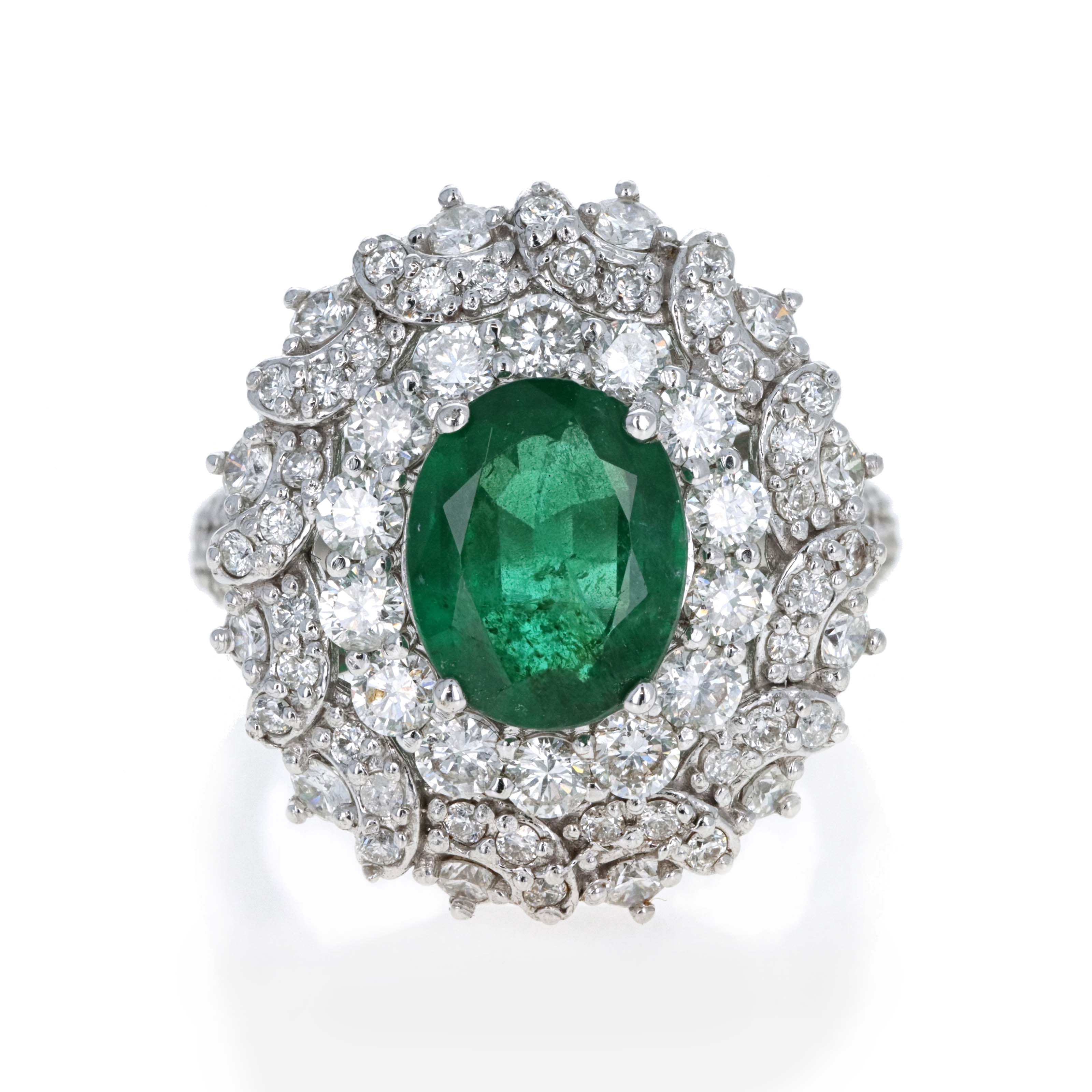 14K White Gold 2.5 Carat Oval Emerald Diamond Halo Ring