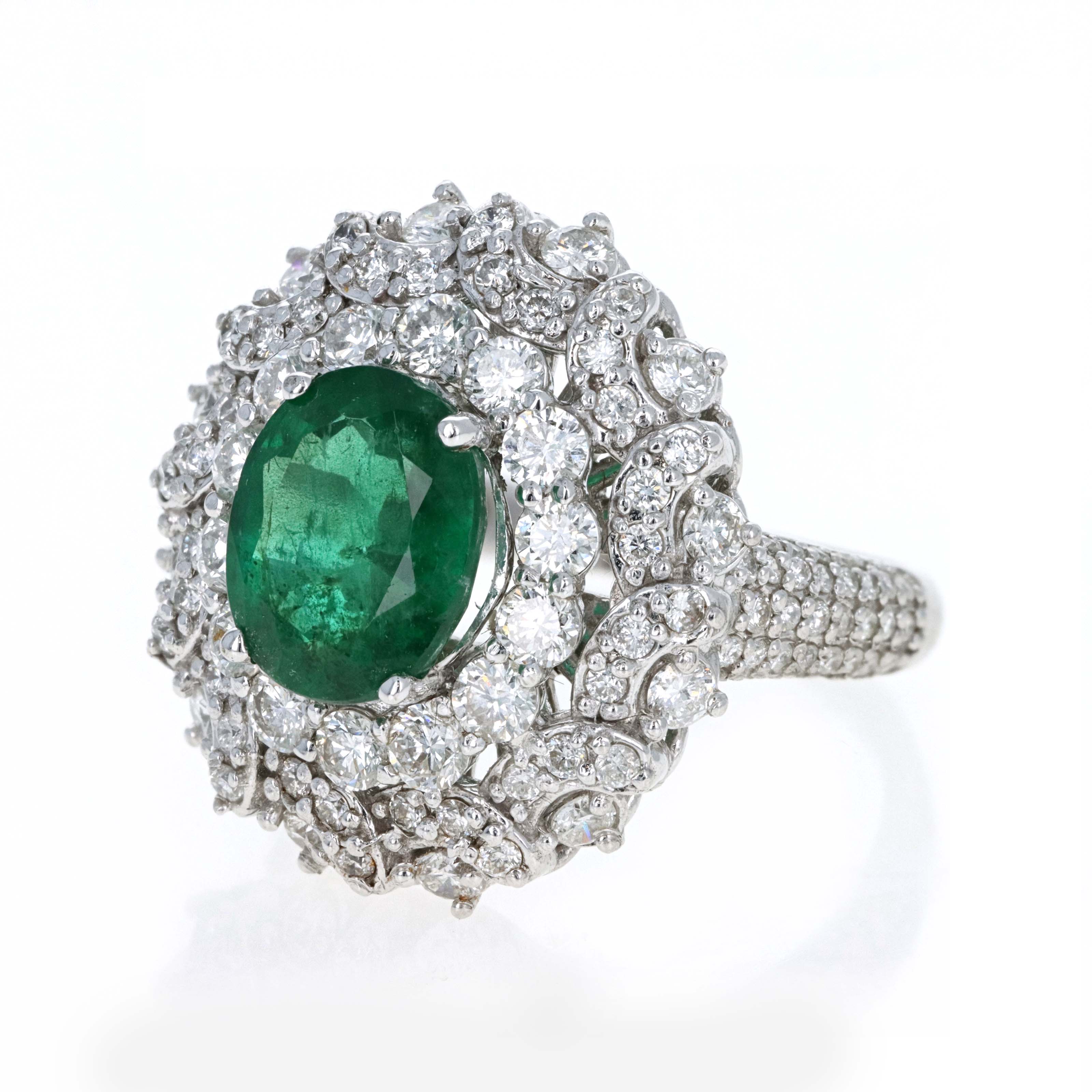 14K White Gold 2.5 Carat Oval Emerald Diamond Halo Ring