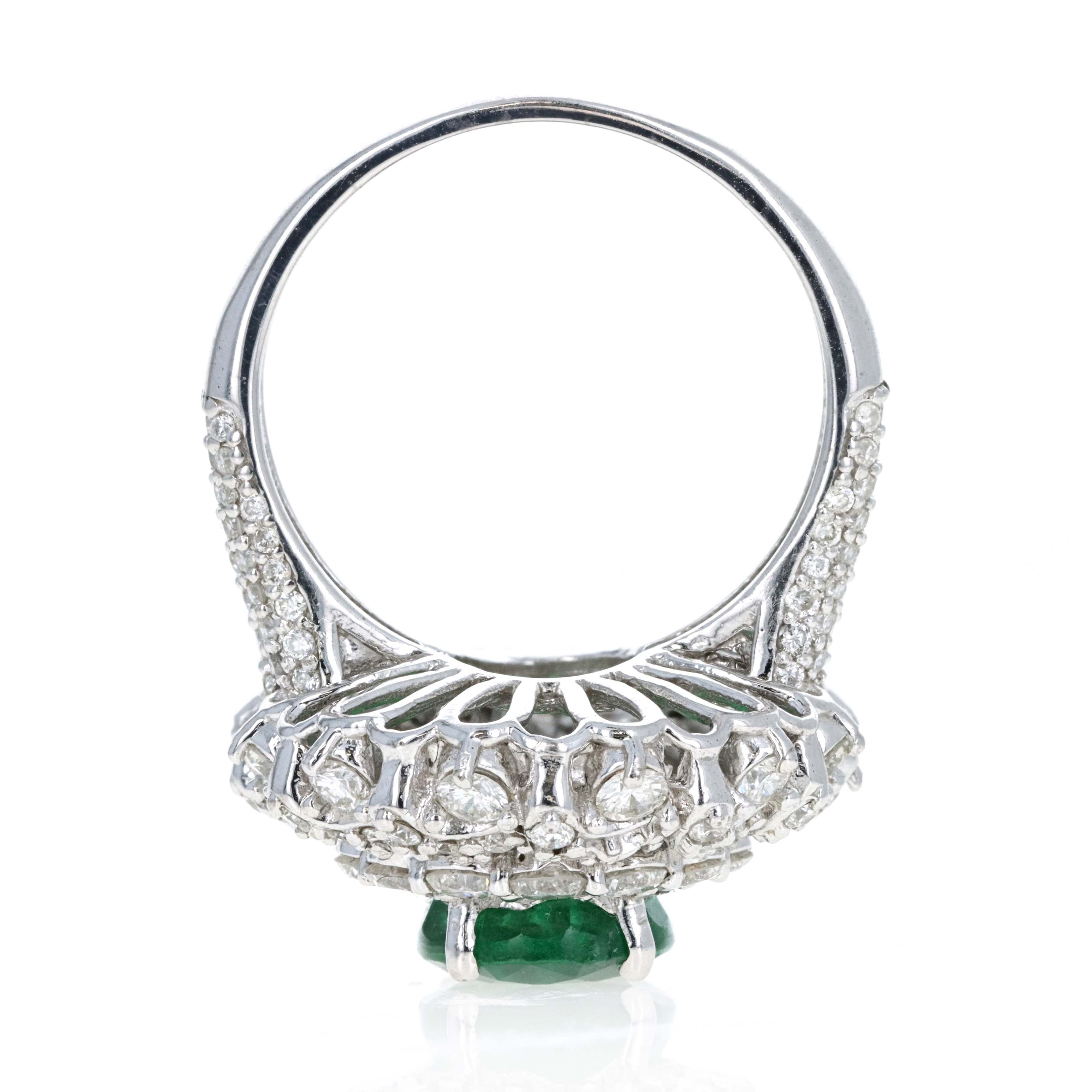14K White Gold 2.5 Carat Oval Emerald Diamond Halo Ring