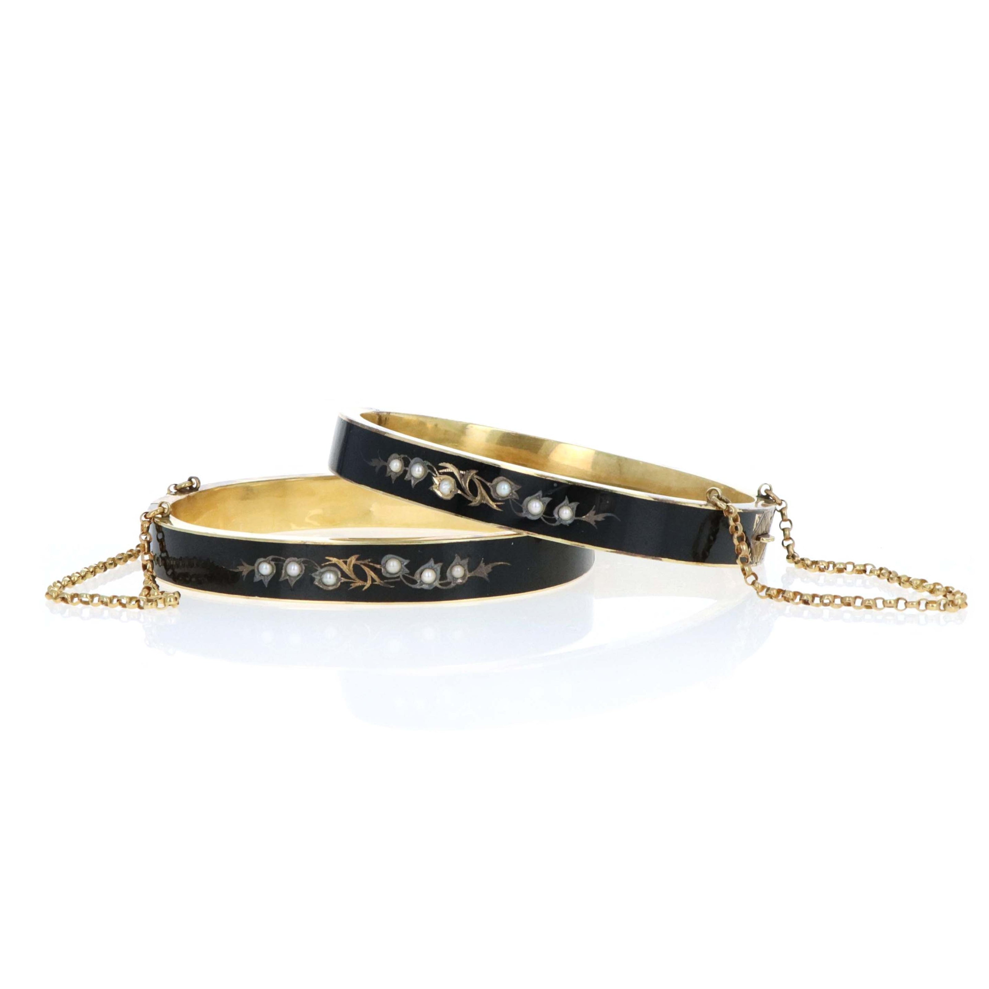 Pair Of 9K Yellow Gold Victorian Black Enamel "Lily Of The Valley" Bangle Bracelets - Queen May