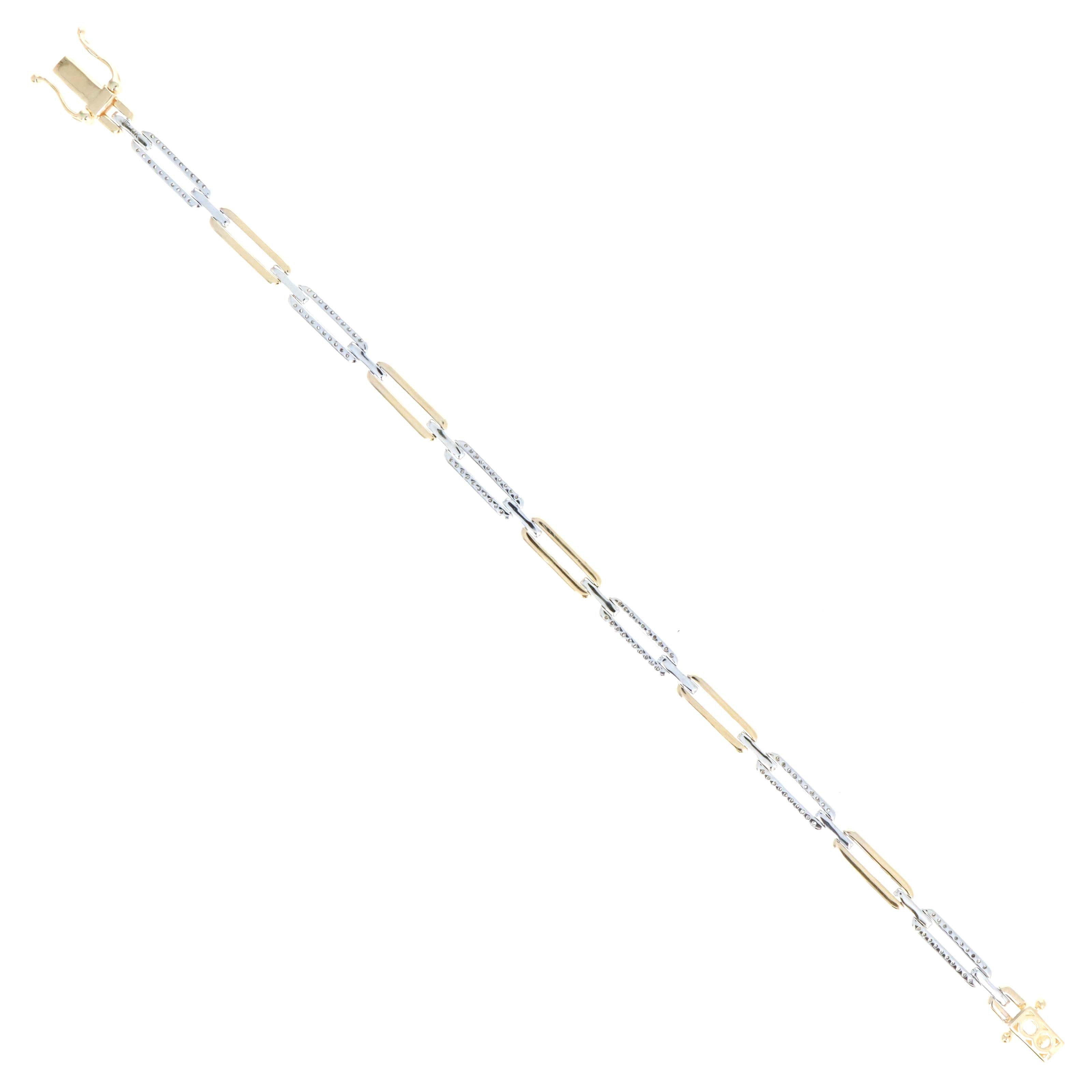 14K Gold Two Tone 0.87 Carat Diamond Paperclip Link Bracelet