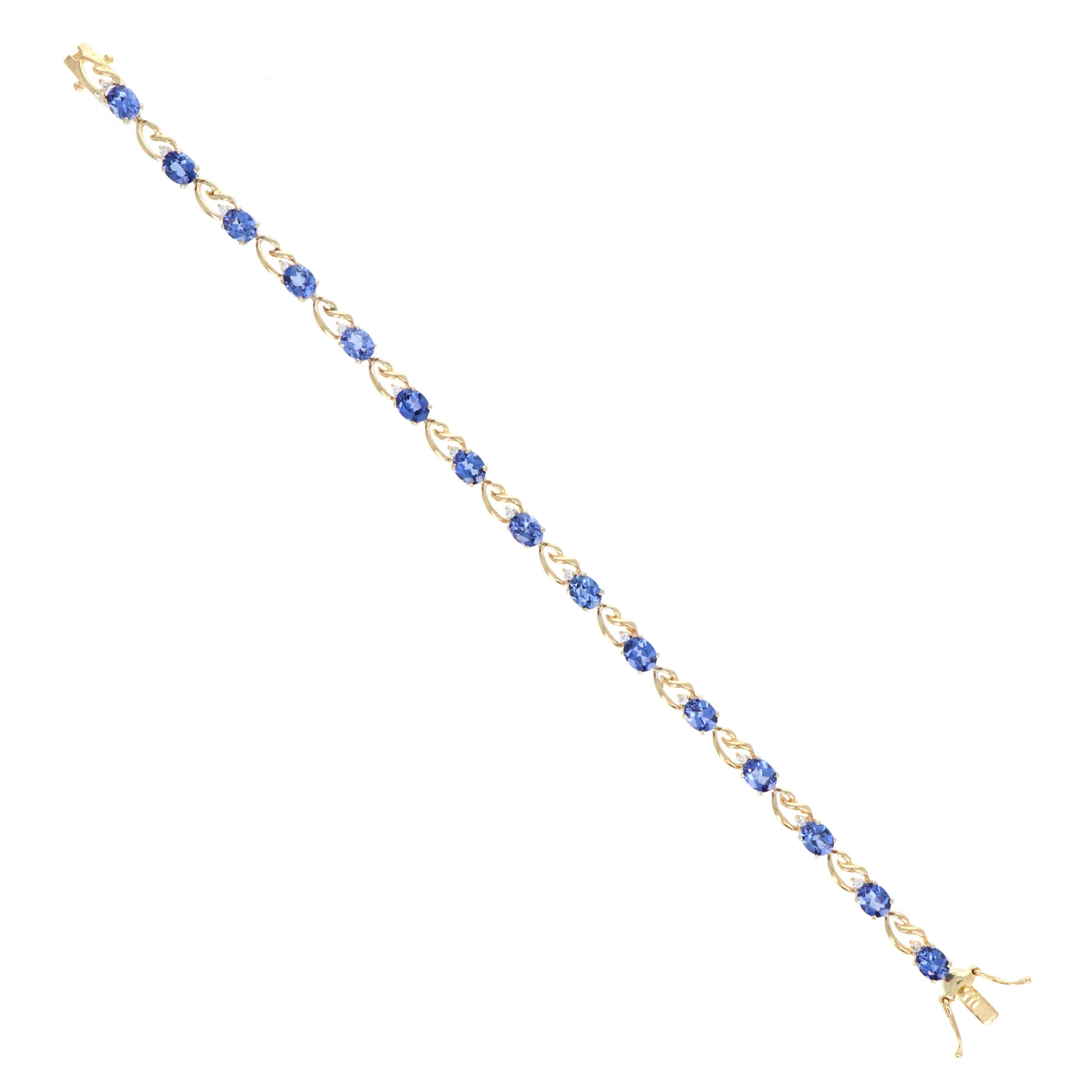 14K Yellow Gold 6 Carat Oval Tanzanite & 0.10 Carat Round Diamond Tennis Bracelet - Queen May