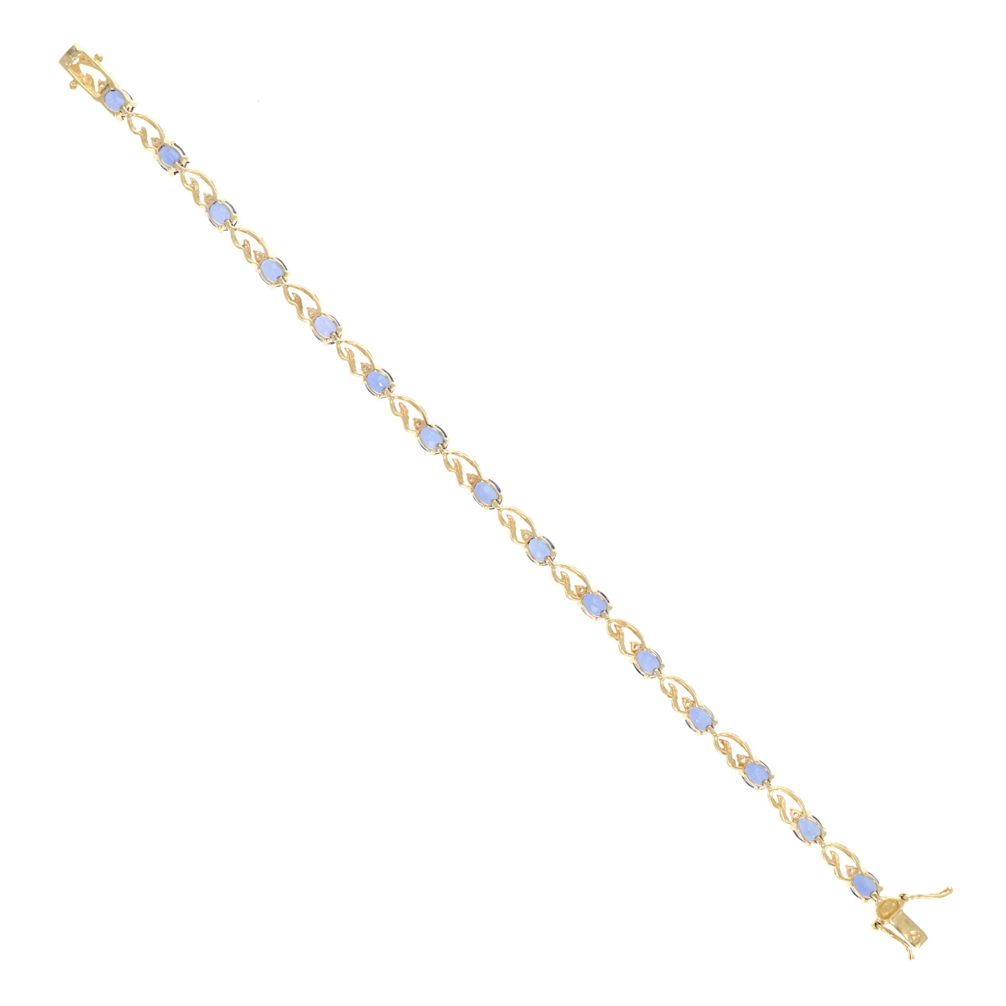 14K Yellow Gold 6 Carat Oval Tanzanite & 0.10 Carat Round Diamond Tennis Bracelet - Queen May