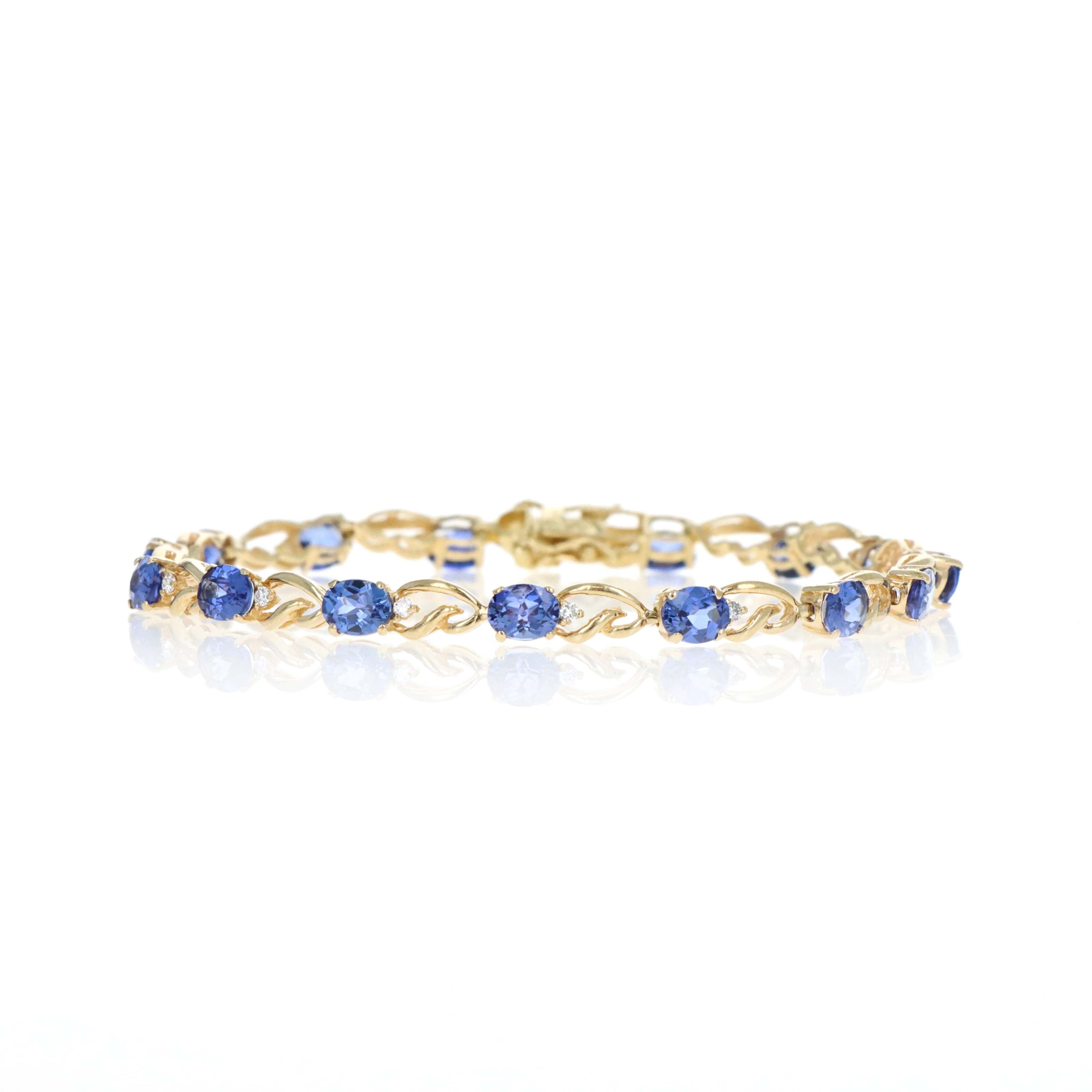 14K Yellow Gold 6 Carat Oval Tanzanite & 0.10 Carat Round Diamond Tennis Bracelet - Queen May