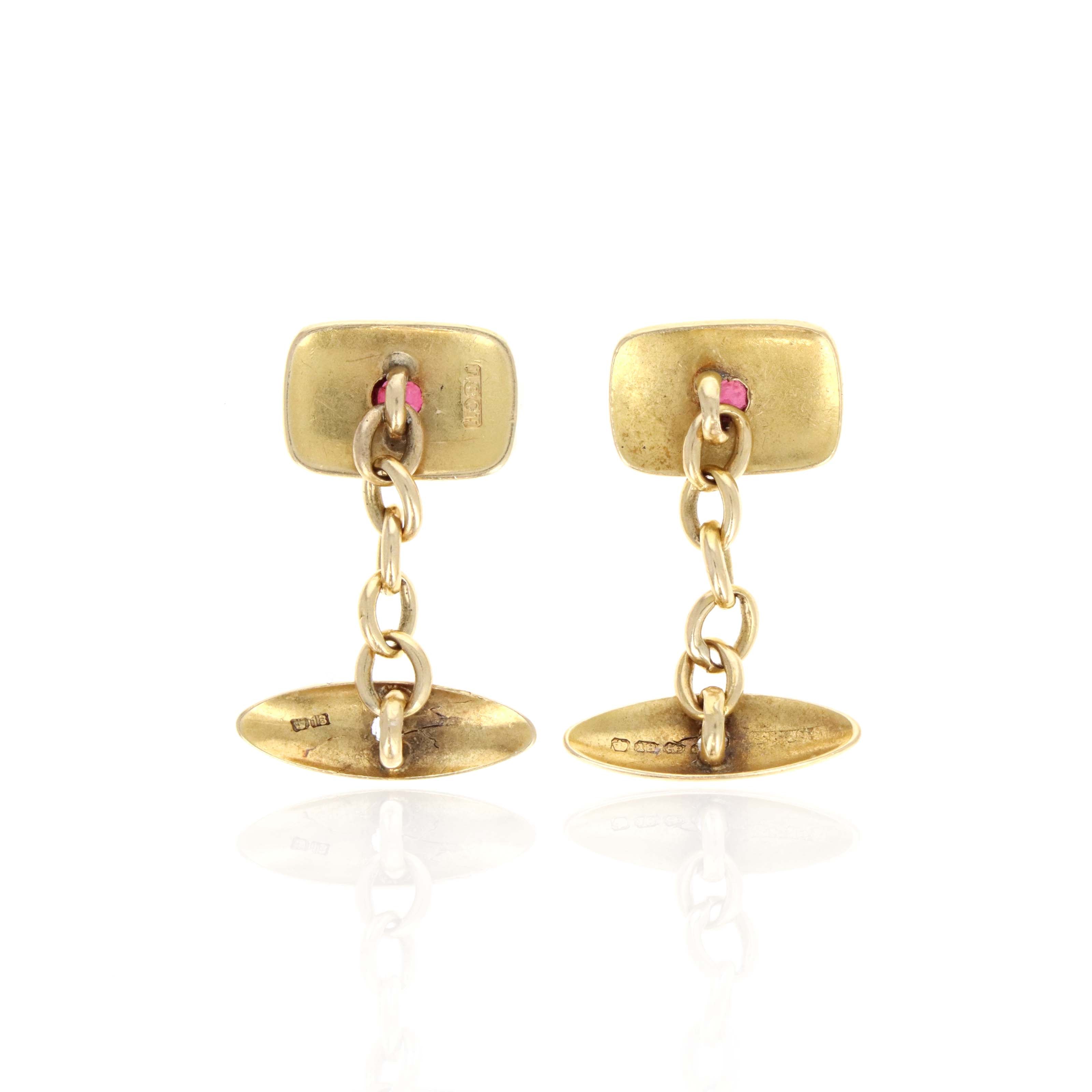 Victorian 18K Yellow Gold Old European Cut Diamonds Old Mine Cut Ruby English Cufflinks - Queen May