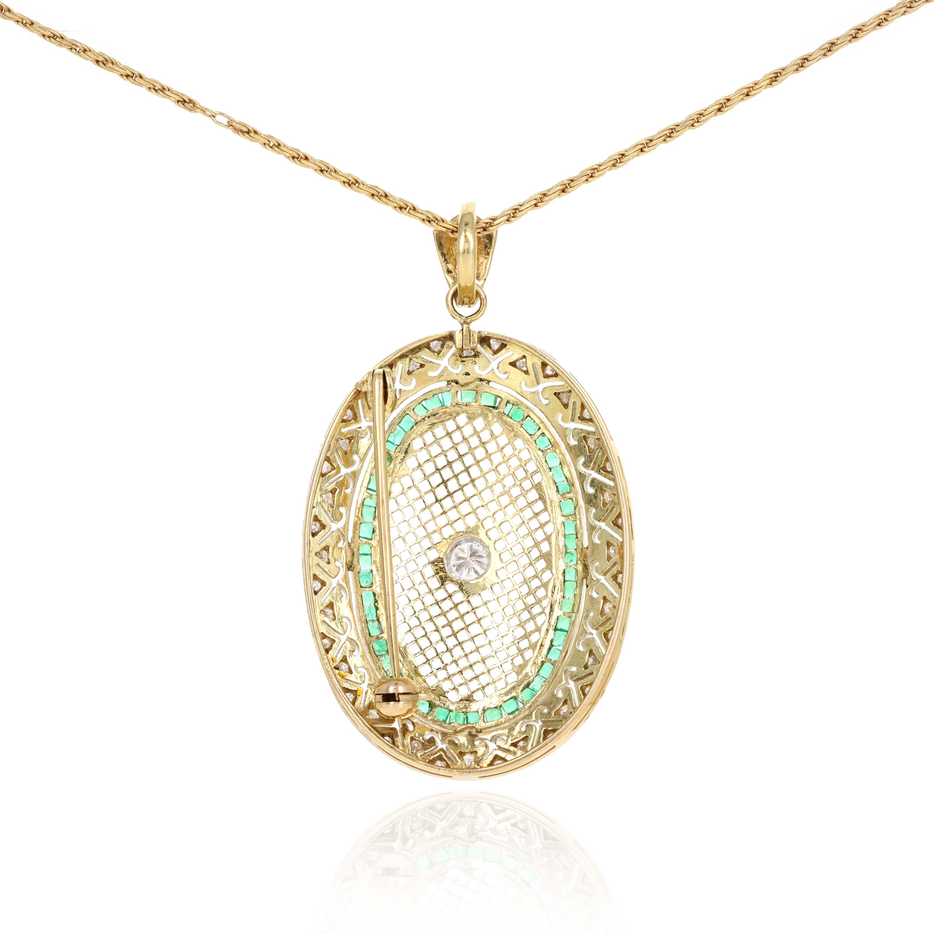 Victorian 14K Yellow Gold Diamond Emerald Brooch Pendant Necklace - Queen May