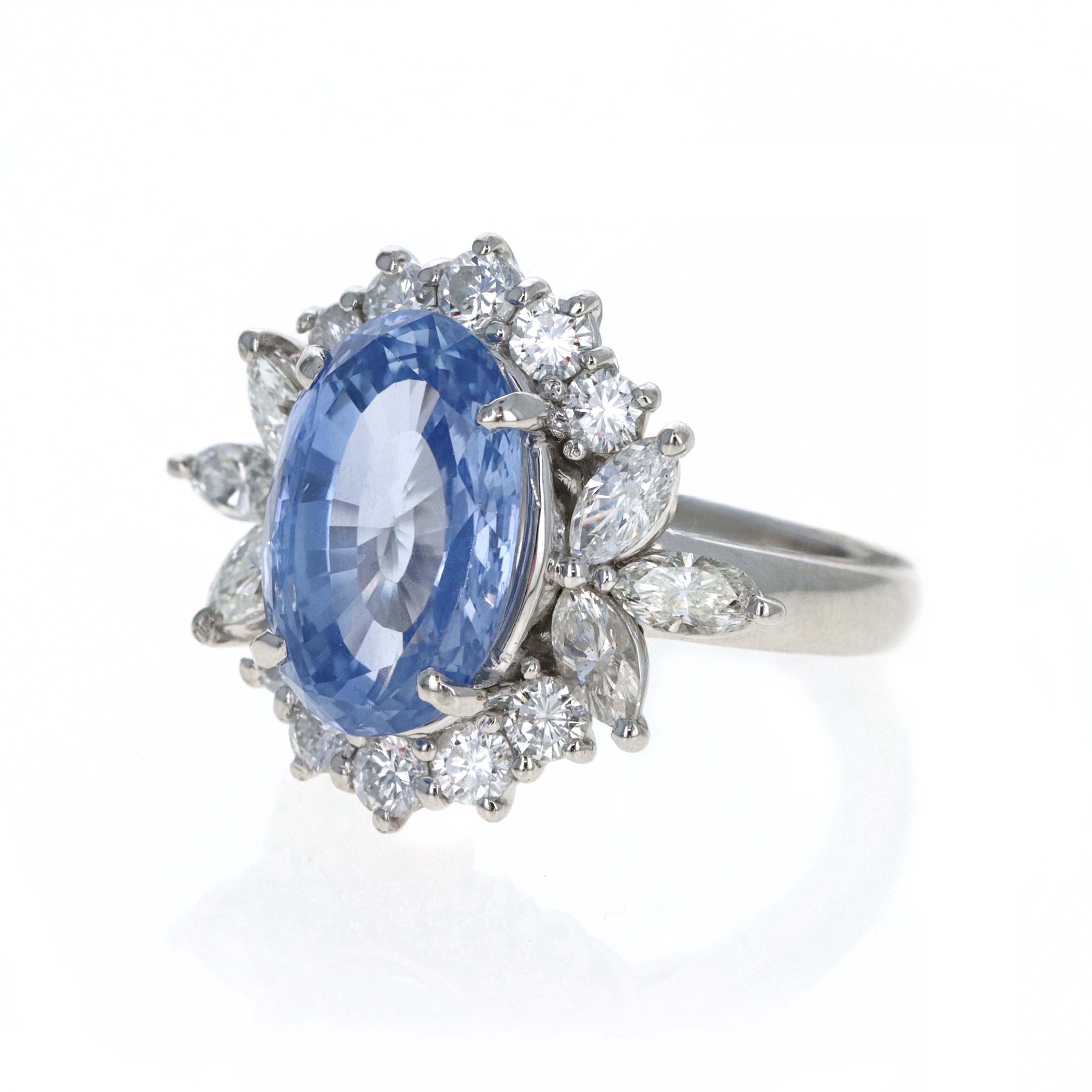 Platinum 5.49 Carat Oval Sapphire Diamond Marquise Halo Ring - Queen May