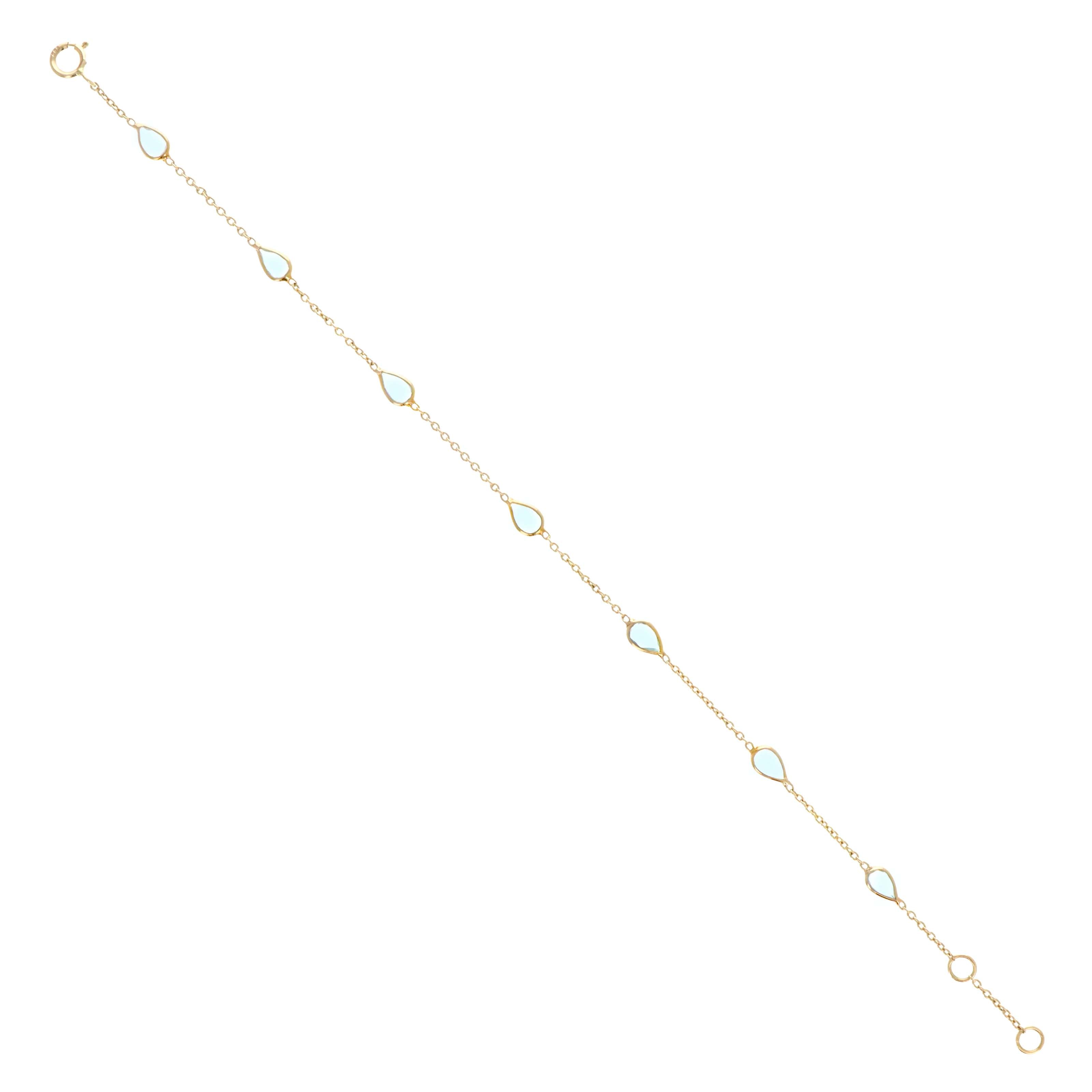 14K Yellow Gold 1.15 Carat Aquamarine Pear Bezel Station Bracelet