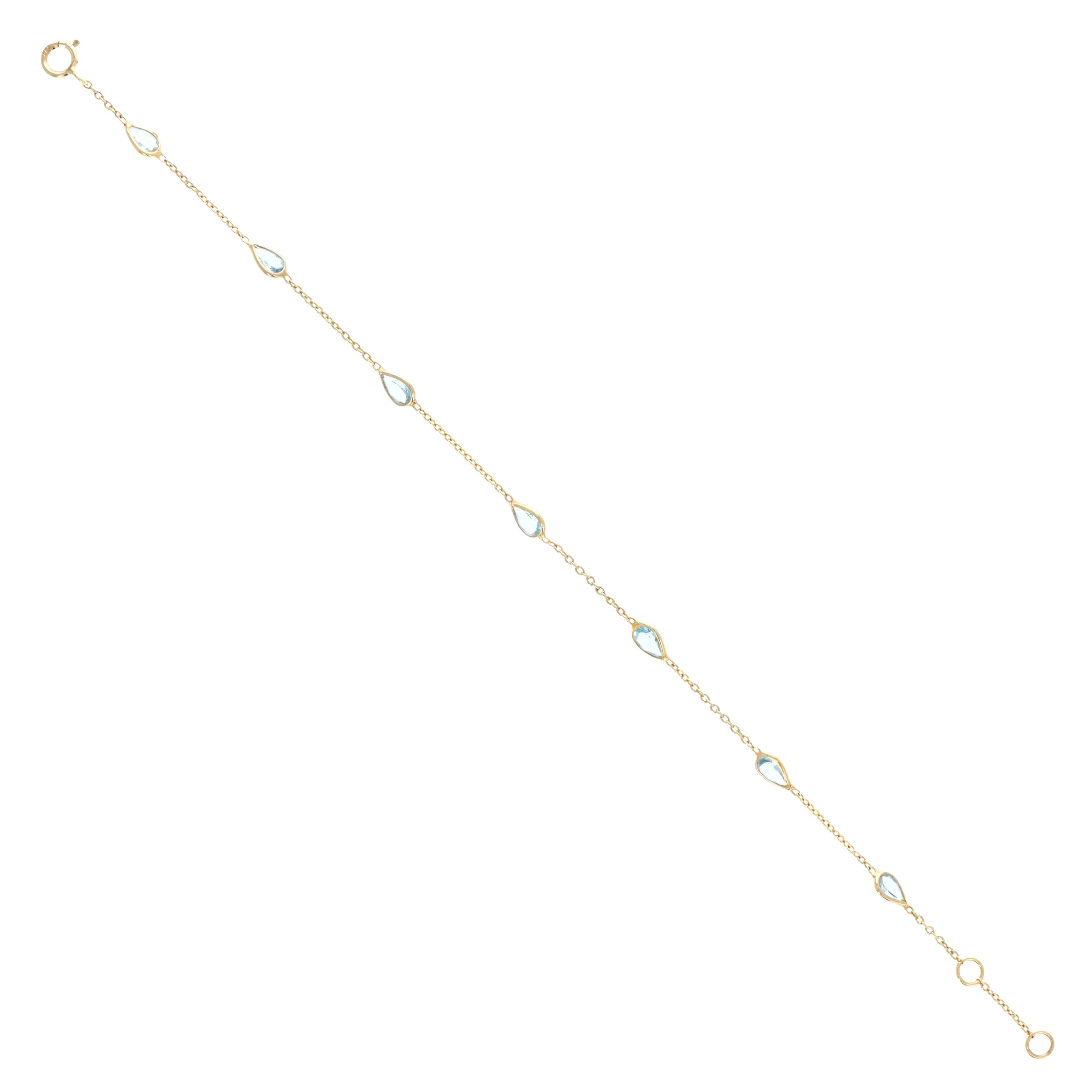 14K Yellow Gold 1.15 Carat Aquamarine Pear Bezel Station Bracelet