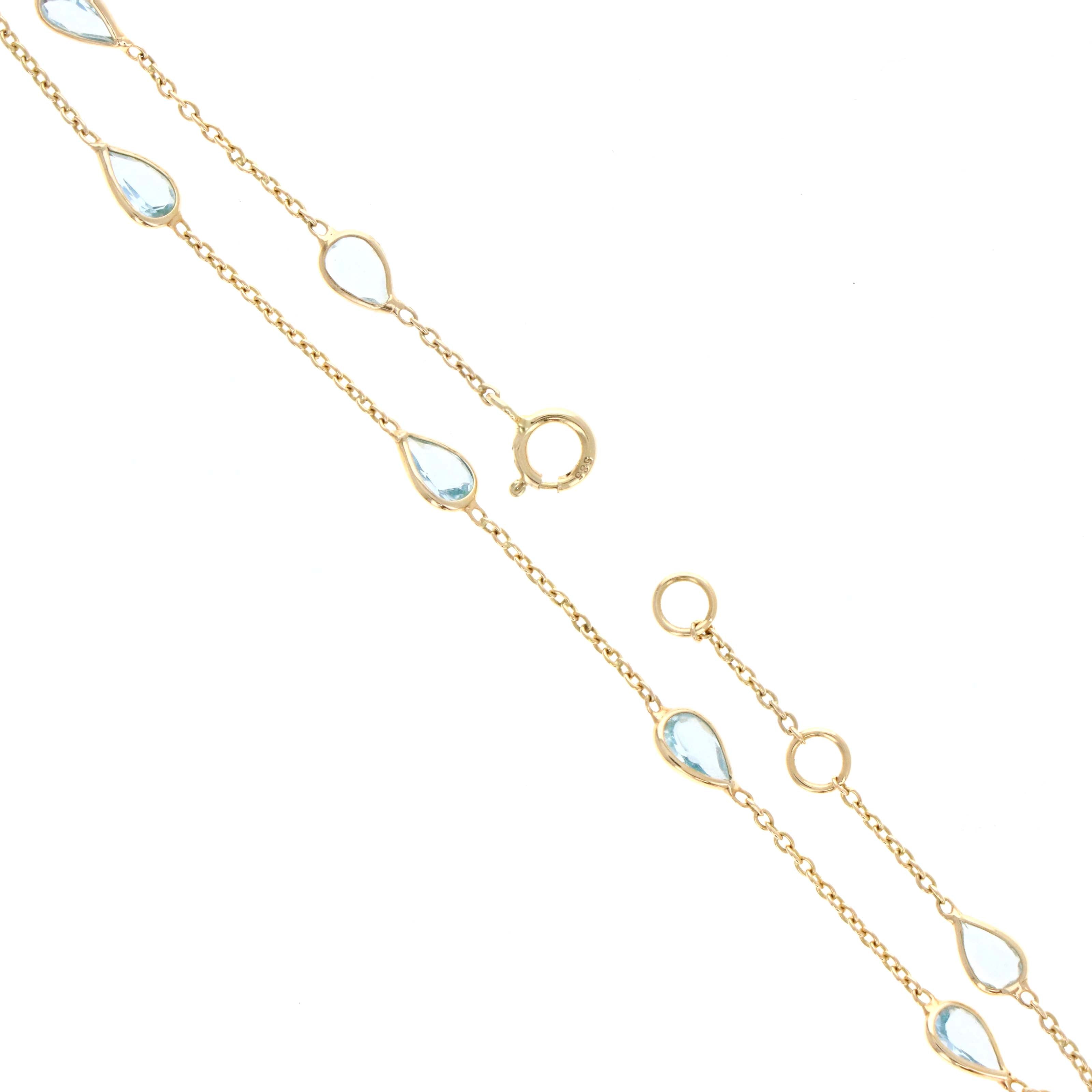 14K Yellow Gold 1.15 Carat Aquamarine Pear Bezel Station Bracelet