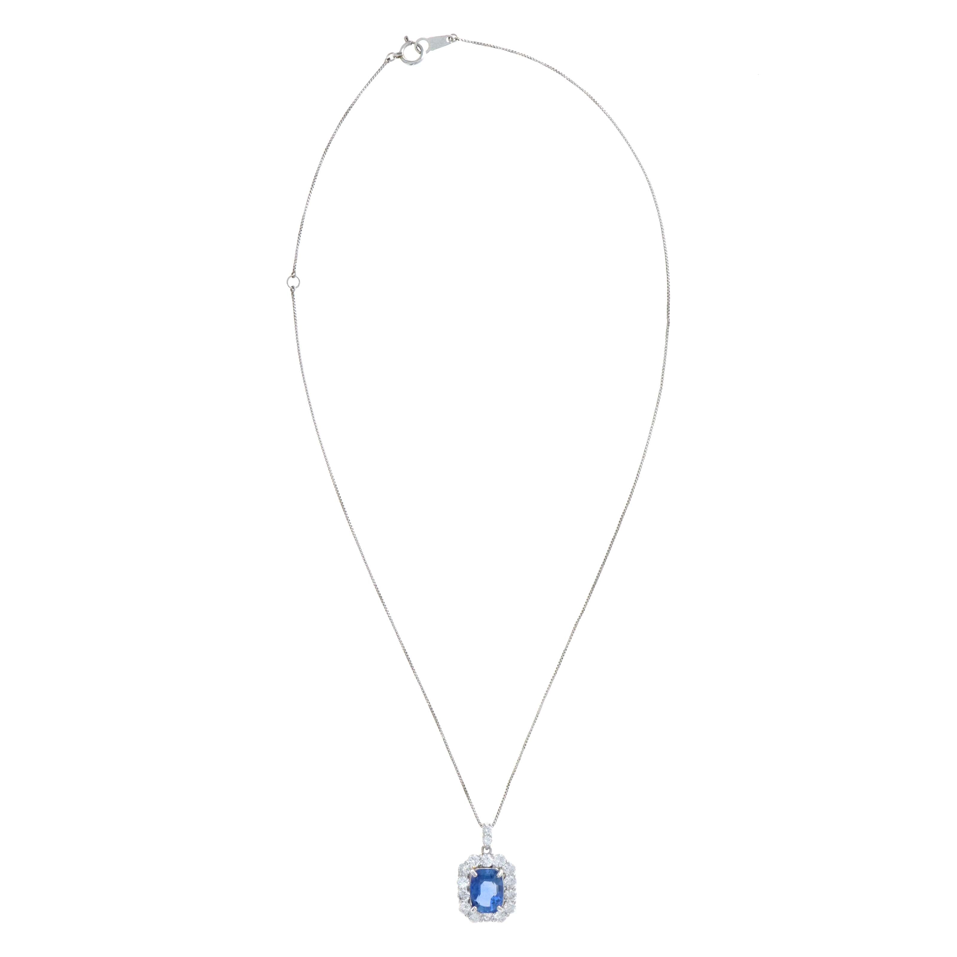 Platinum 3.37 Carat Cushion No Heat Sapphire Diamond Halo Pendant Necklace - Queen May