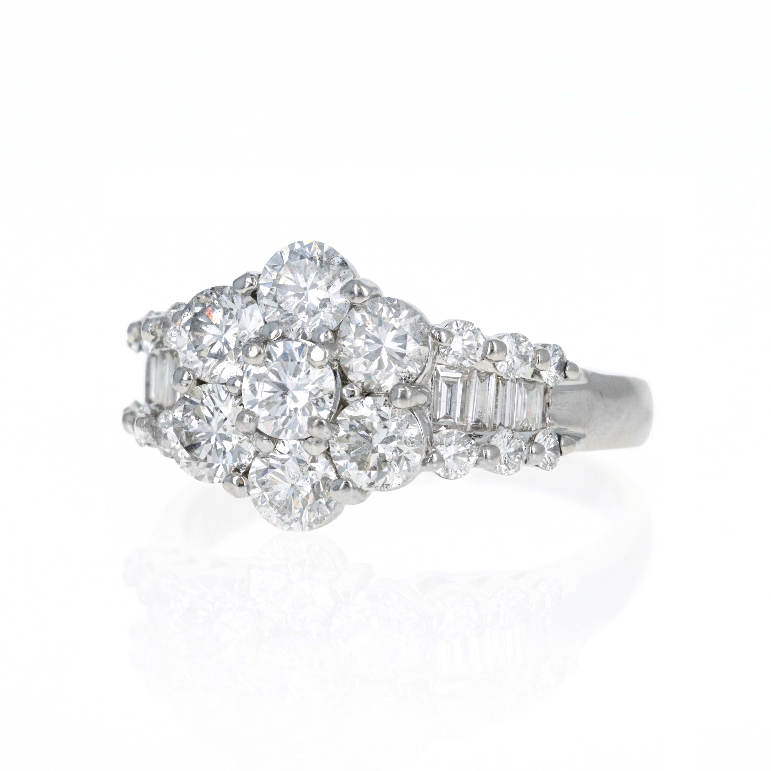 Platinum 3 Carat Round Diamond Cluster Flower Ring - Queen May