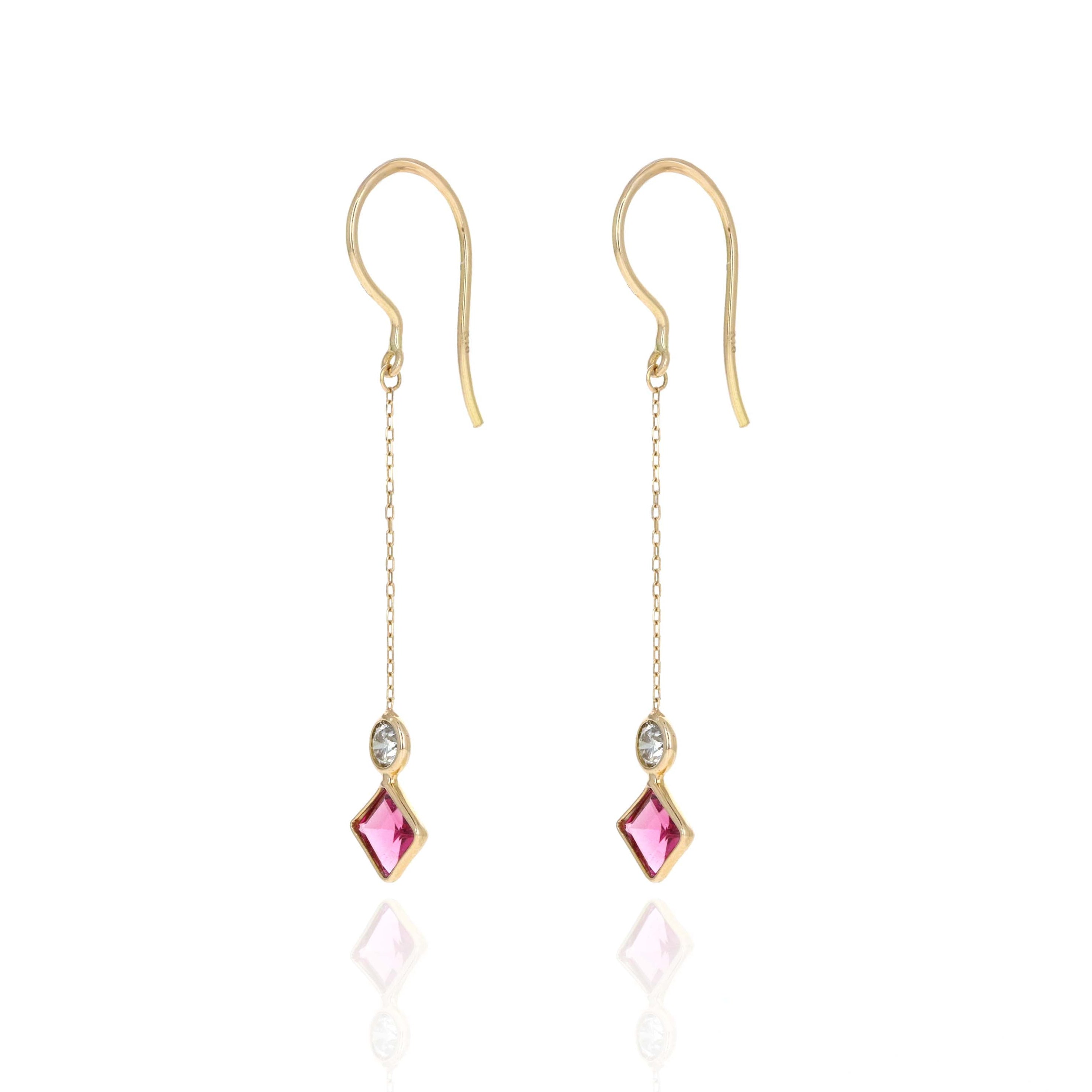 18K Yellow Gold Rubellite Tourmaline & Diamond Drop Earrings - Queen May