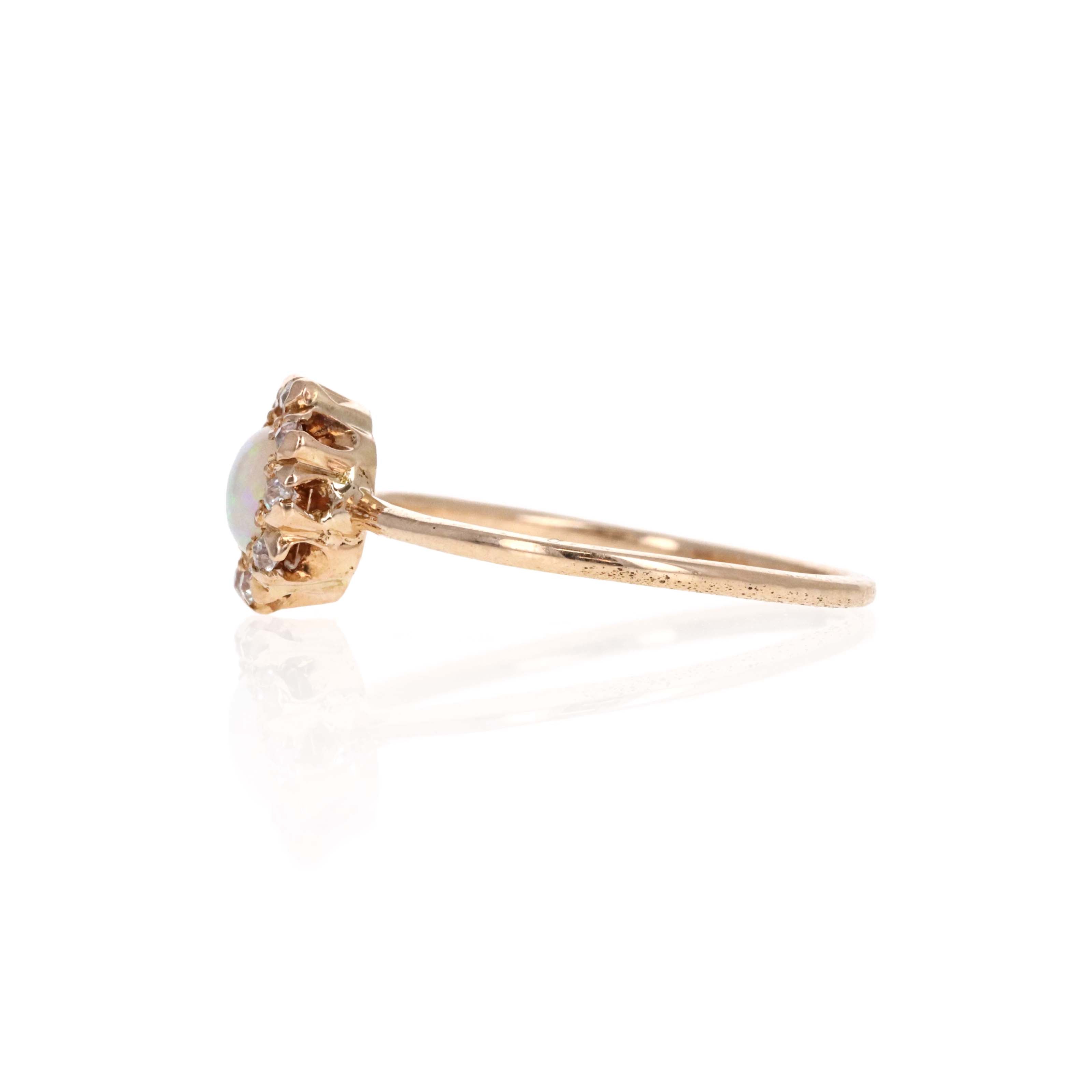Victorian 14K Yellow Gold 0.25 Carat Cabochon Opal & 0.15 Carat OEC Diamond Stick Pin Conversion Ring - Queen May