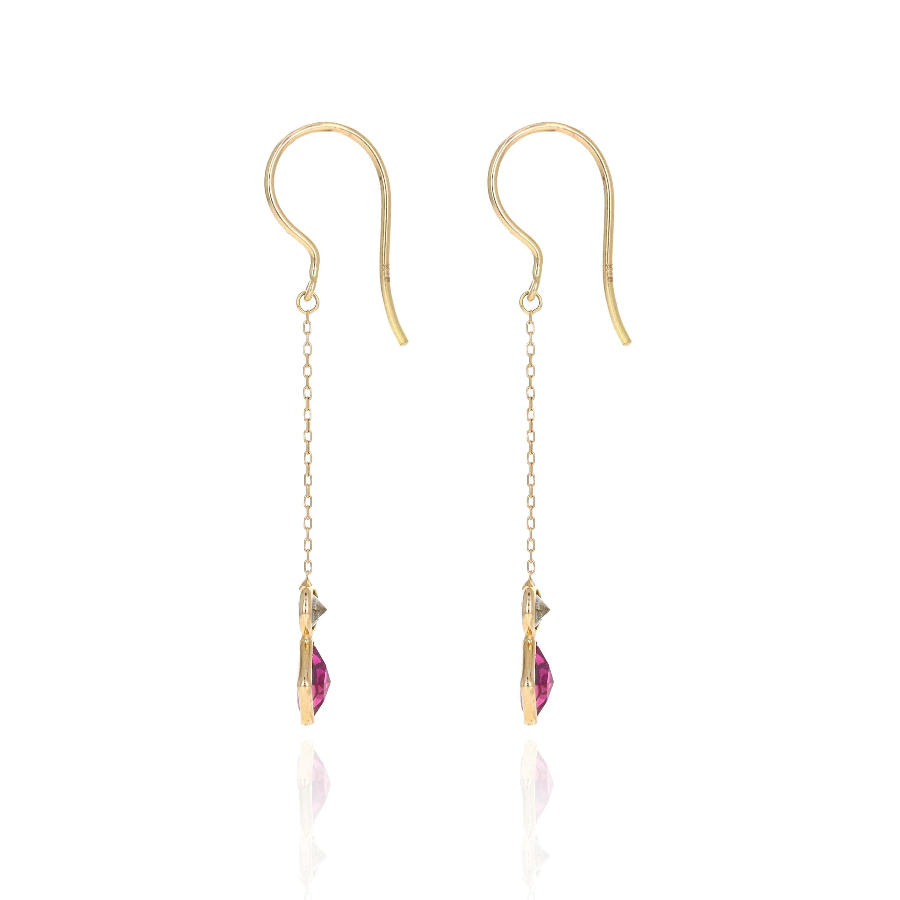 18K Yellow Gold Rubellite Tourmaline & Diamond Drop Earrings - Queen May