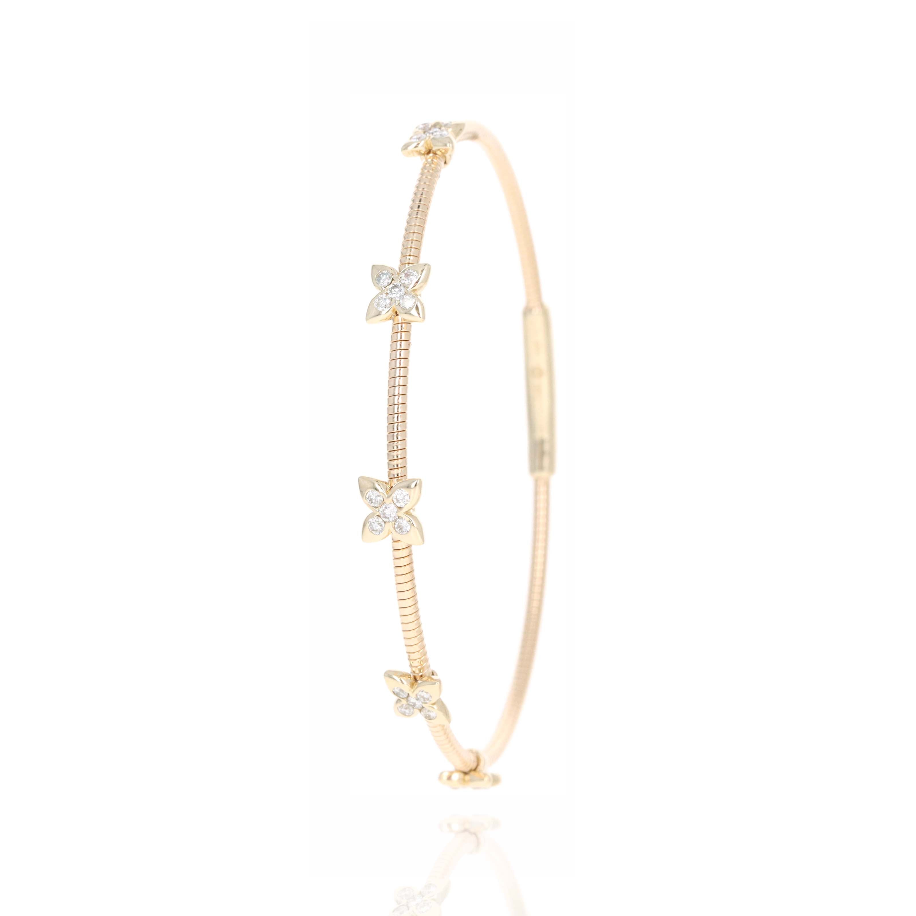 14K Yellow Gold Diamond Flower Clover Station Flexible Bracelet - Queen May