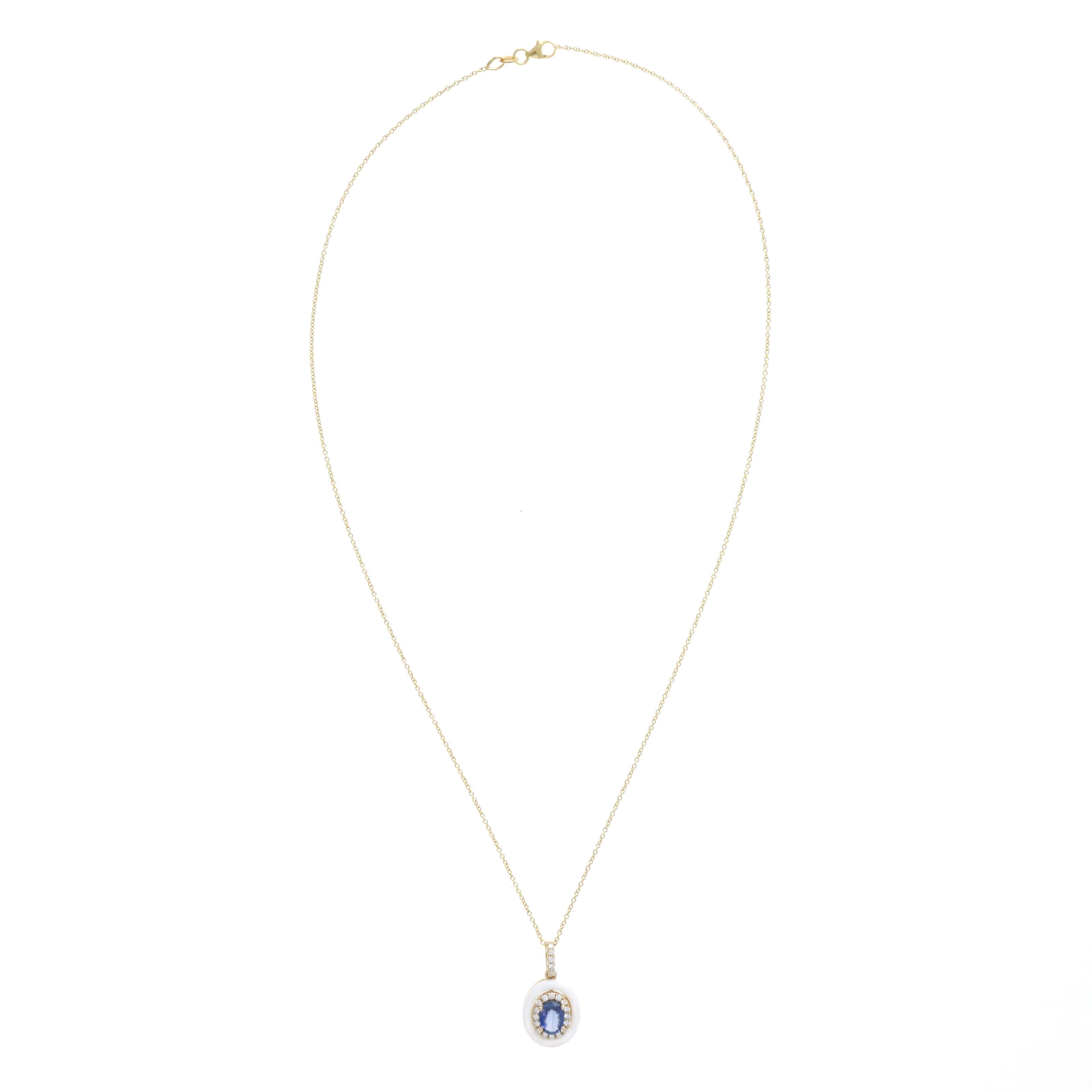 David Kord 14K Yellow Gold 0.98 Carat Oval Sapphire Porcelain Diamond Halo Pendant Necklace - Queen May