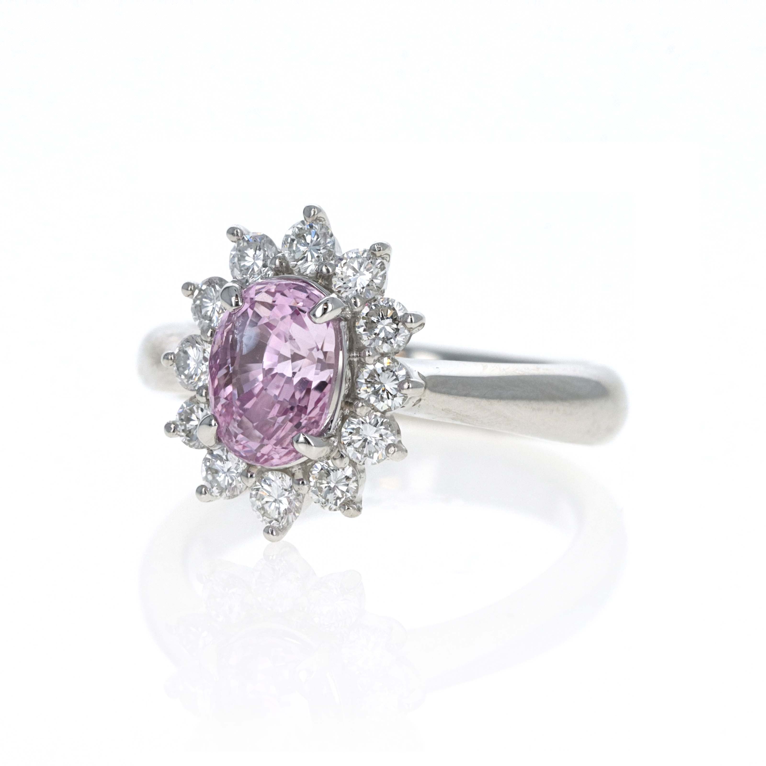 Platinum 2.01 Carat Oval Orangy Pink (Padparadscha) Sapphire Diamond Halo Ring - Queen May