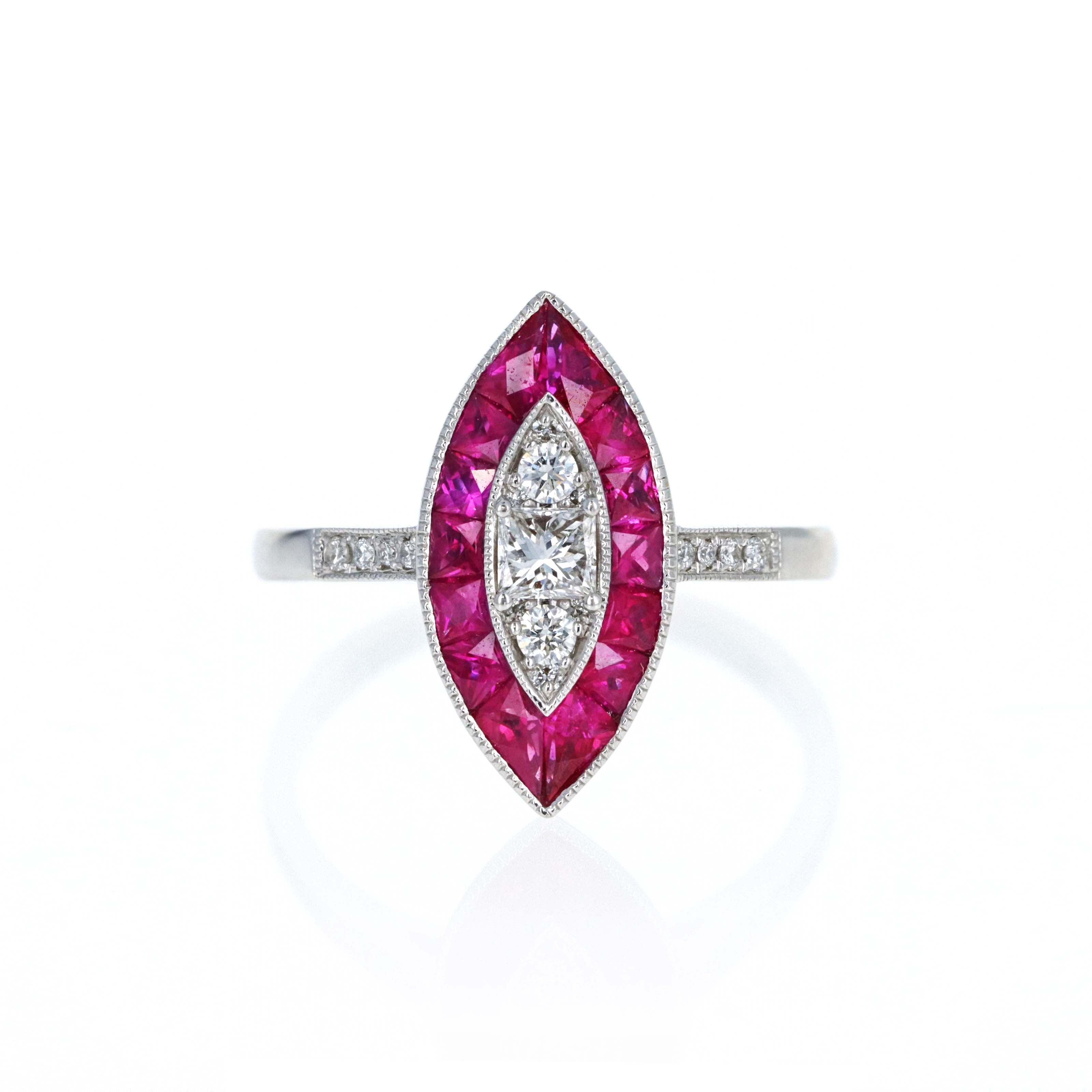Art Deco Inspired 18K White Gold Princess Diamond Ruby Halo Marquise Ring - Queen May
