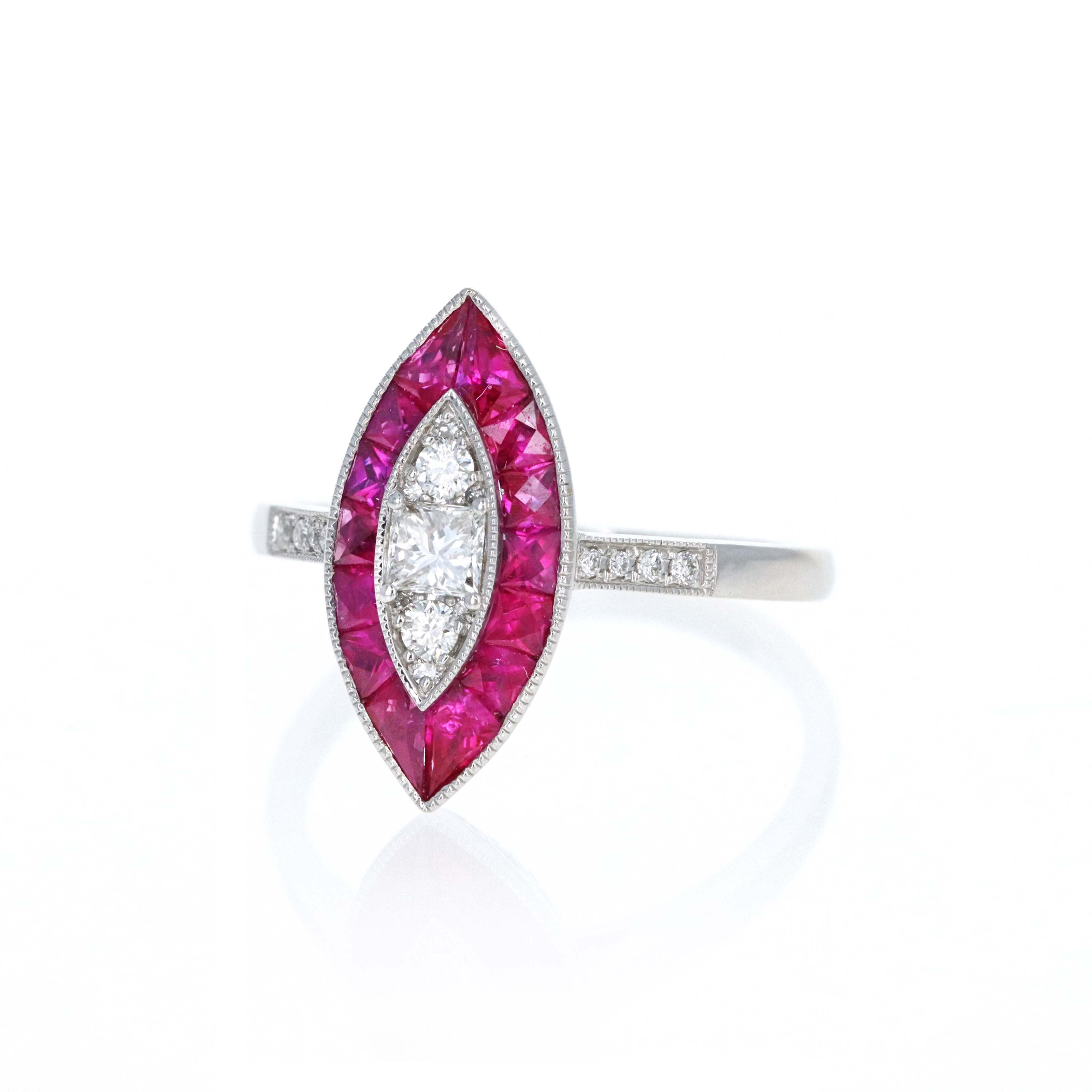 Art Deco Inspired 18K White Gold Princess Diamond Ruby Halo Marquise Ring - Queen May