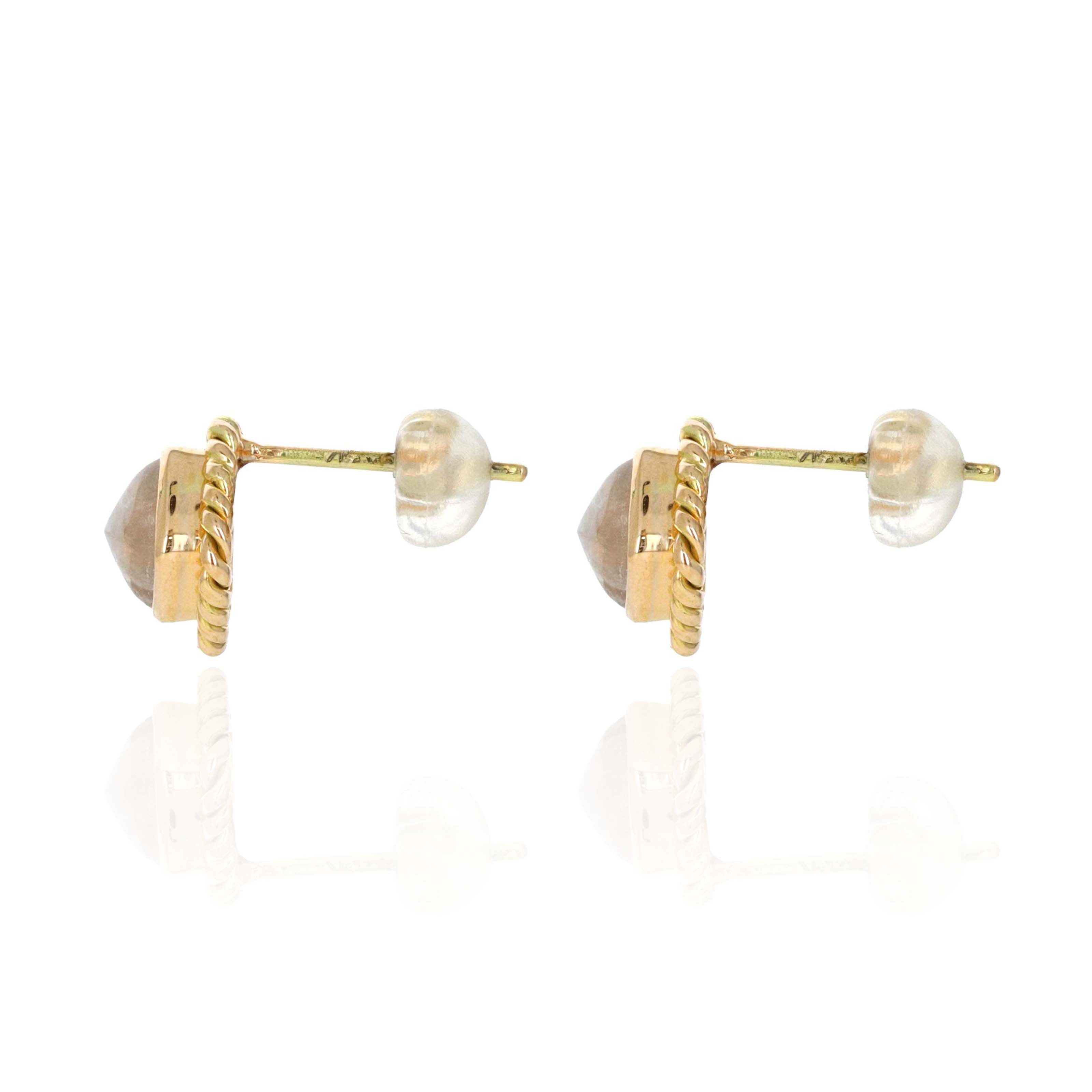 14K Yellow Gold 1.6 Carat Cabochon Moonstone Braided Bezel Stud Earrings - Queen May