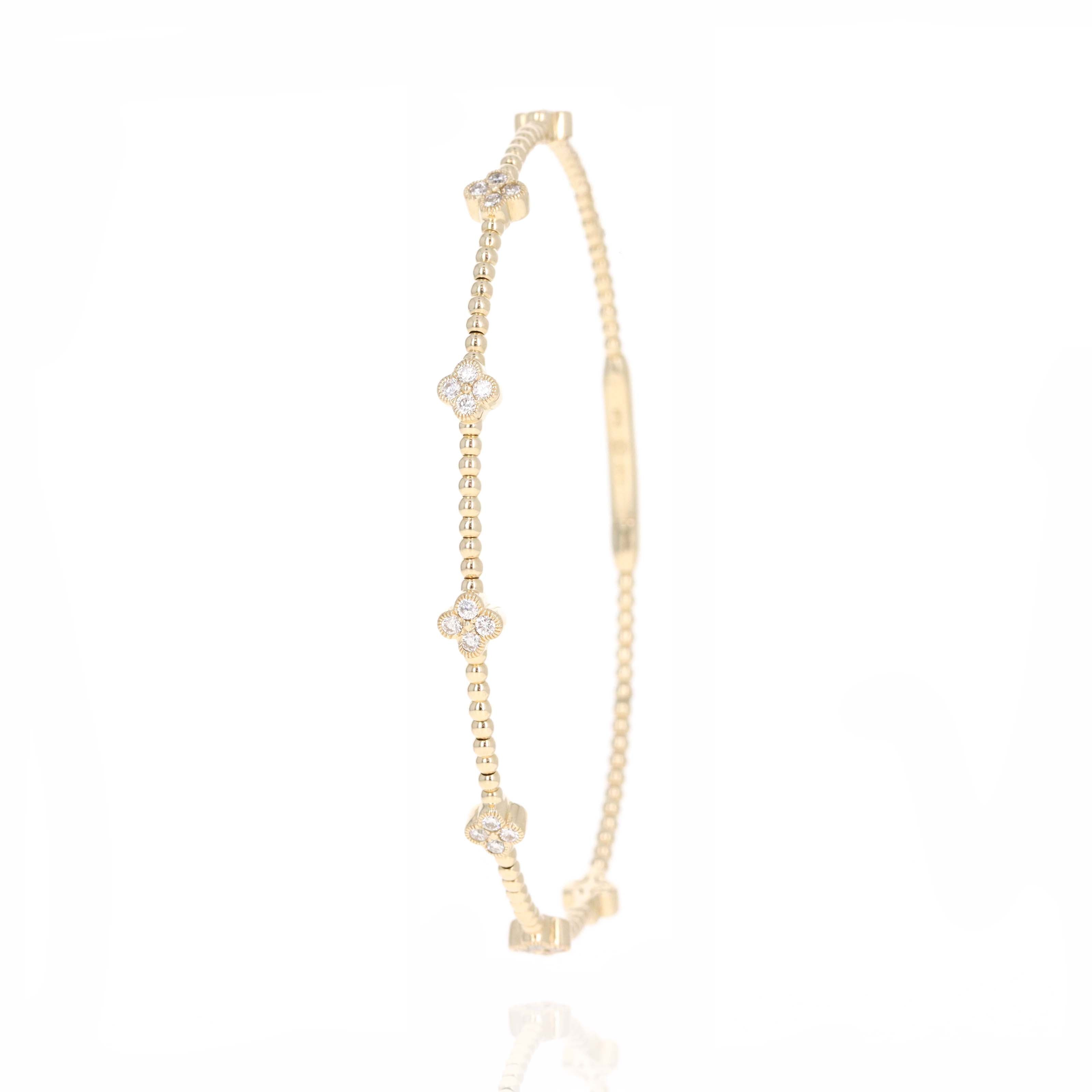 14K Yellow Gold Diamond Clover Floral Bead Flexible Bangle - Queen May