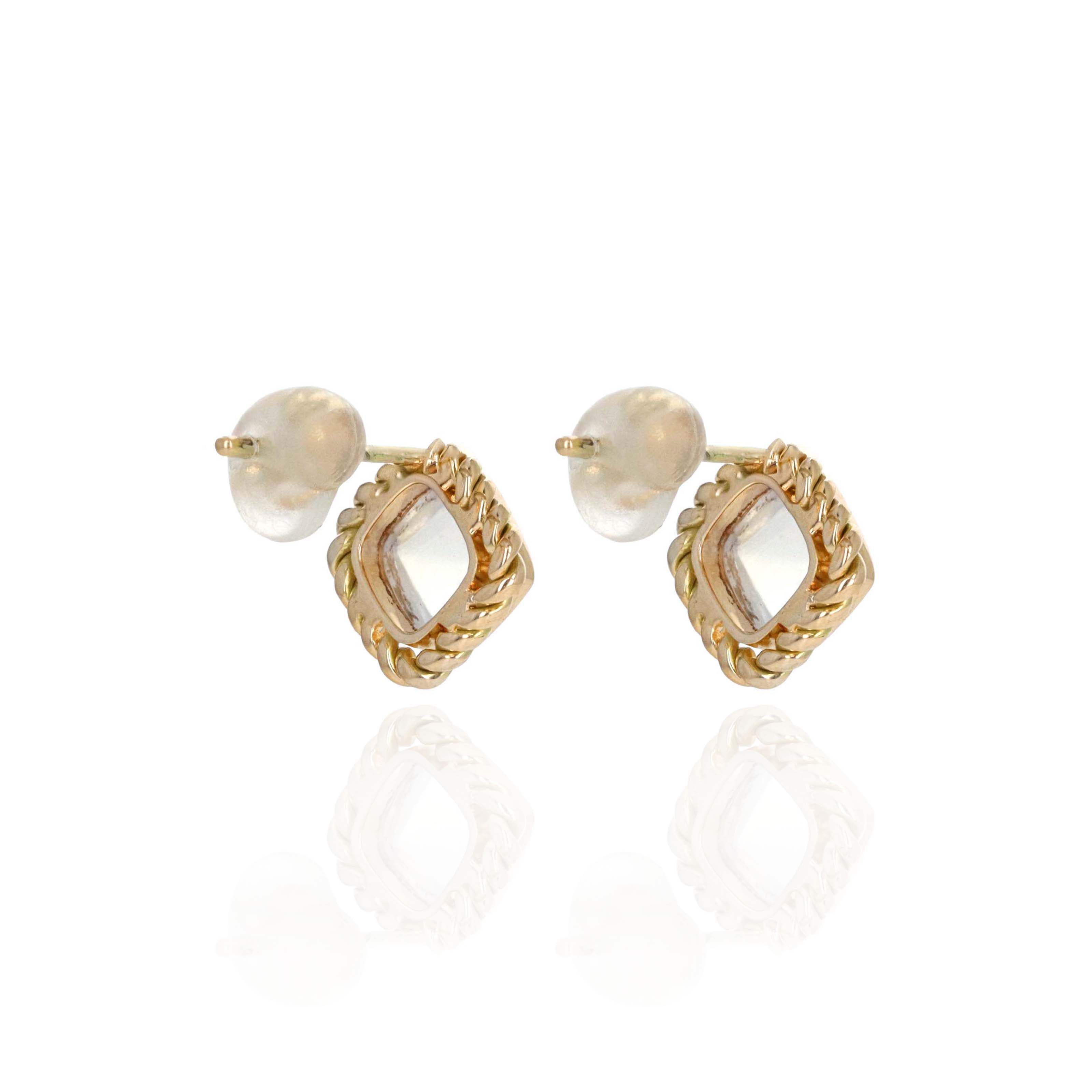 14K Yellow Gold 1.6 Carat Cabochon Moonstone Braided Bezel Stud Earrings - Queen May