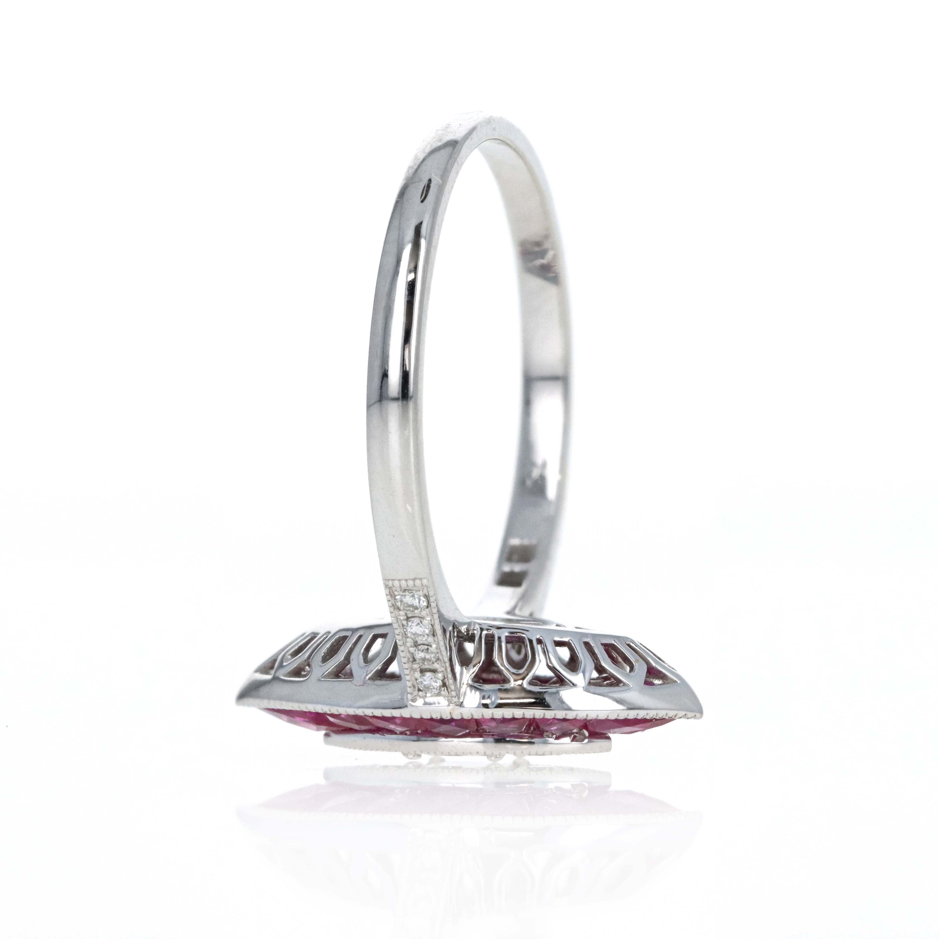 Art Deco Inspired 18K White Gold Princess Diamond Ruby Halo Marquise Ring - Queen May