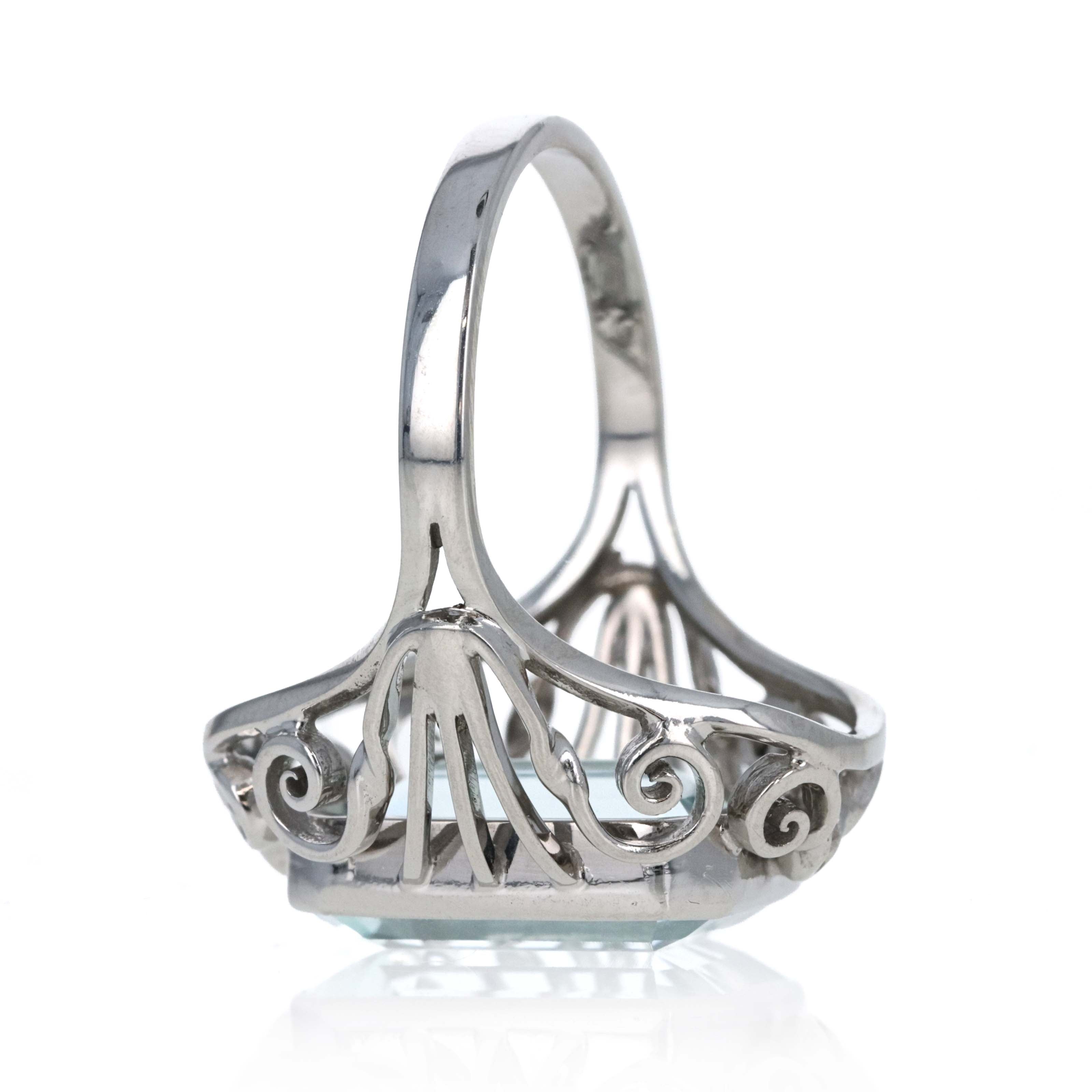 18K White Gold 4.65 Carat Aquamarine Bezel Filigree Ring - Queen May