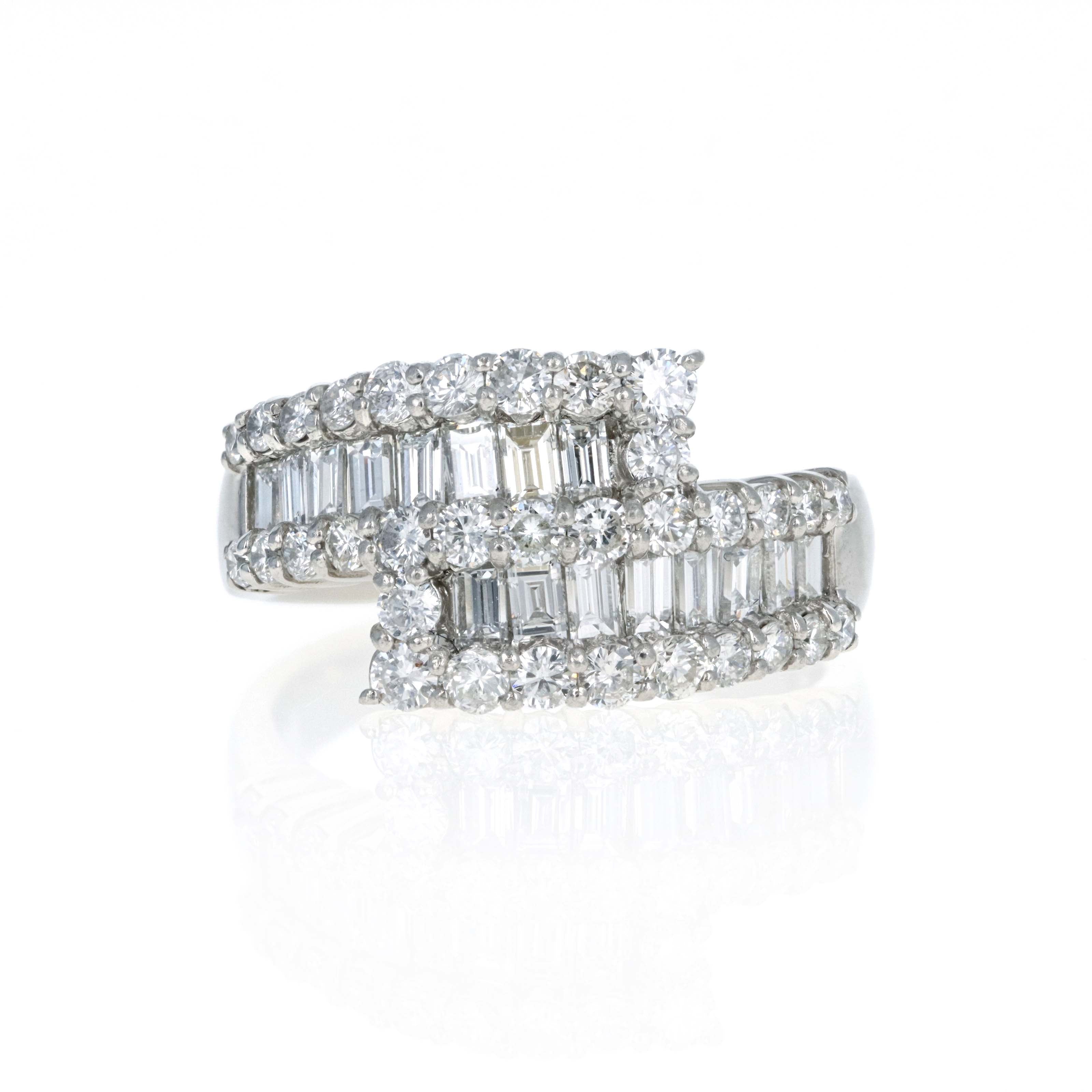 Platinum 1.5 Carat Diamond Baguette Round Pave Bypass Ring - Queen May