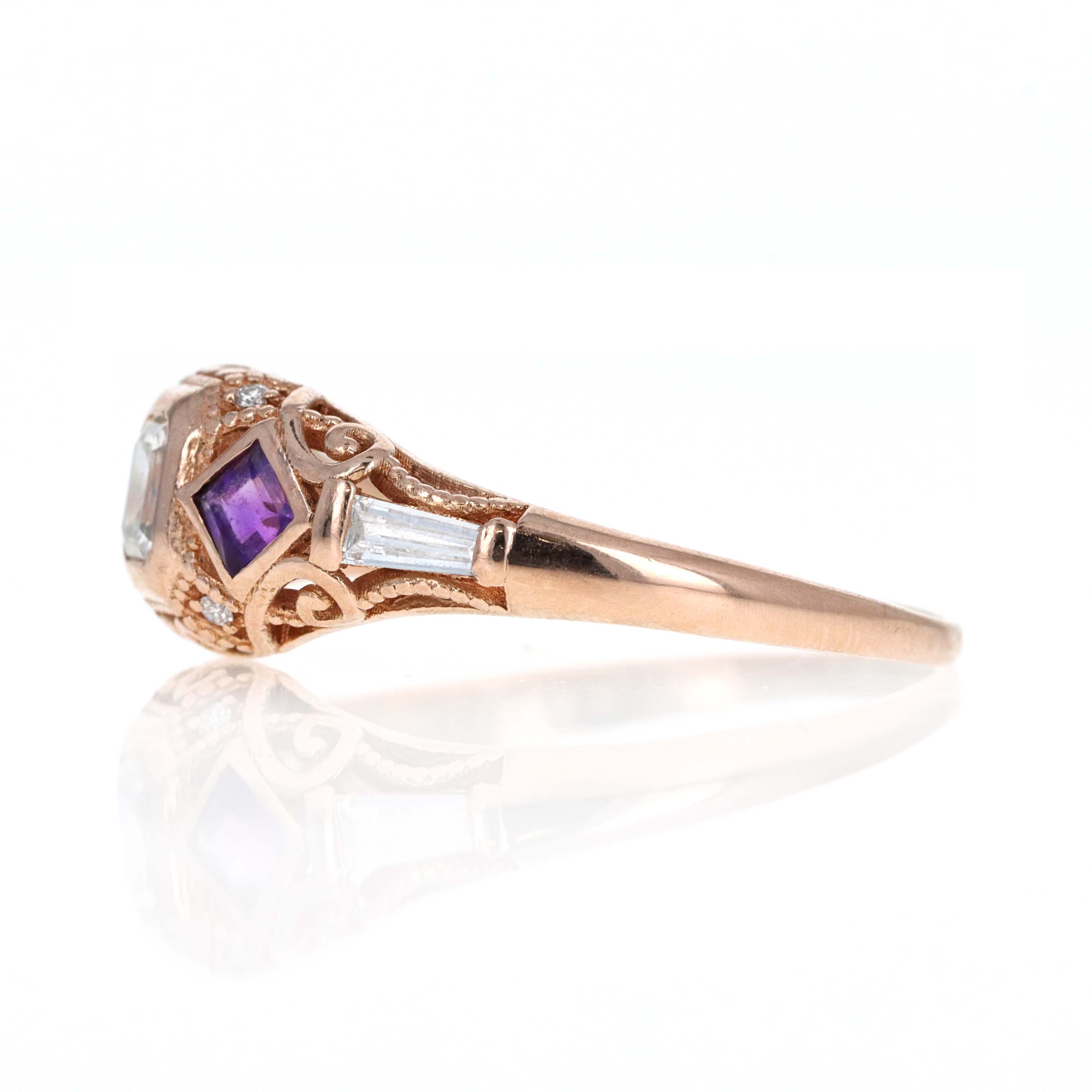 14K Rose Gold 0.40 Carat Emerald Diamond Amethyst Accented Engagement Ring - Queen May