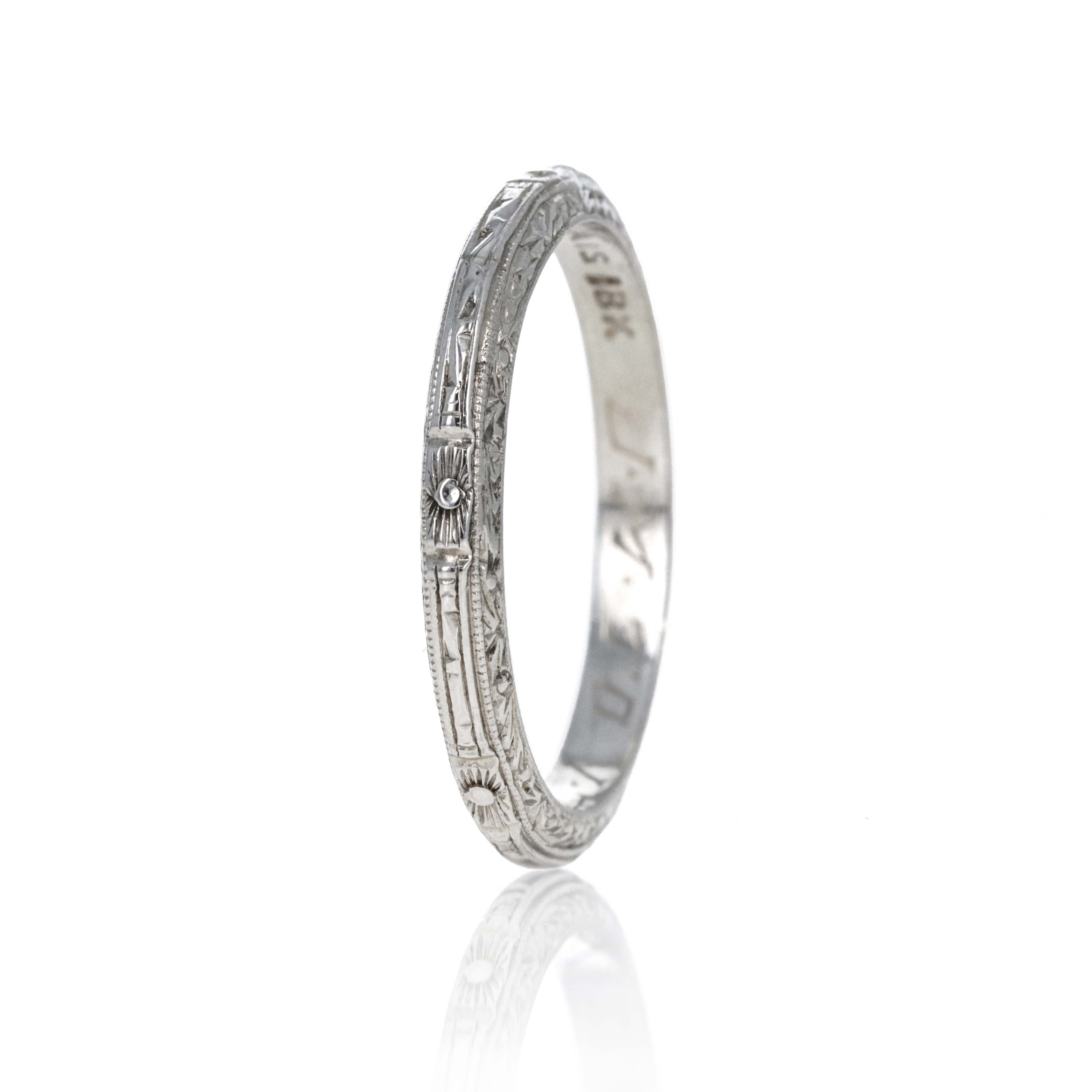 18K White Gold Art Deco Belais Hand Chiseled Band - Queen May
