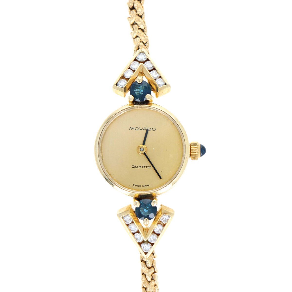 Vintage 14K Yellow Gold Movado Quartz Movement Diamond & Sapphire Watch