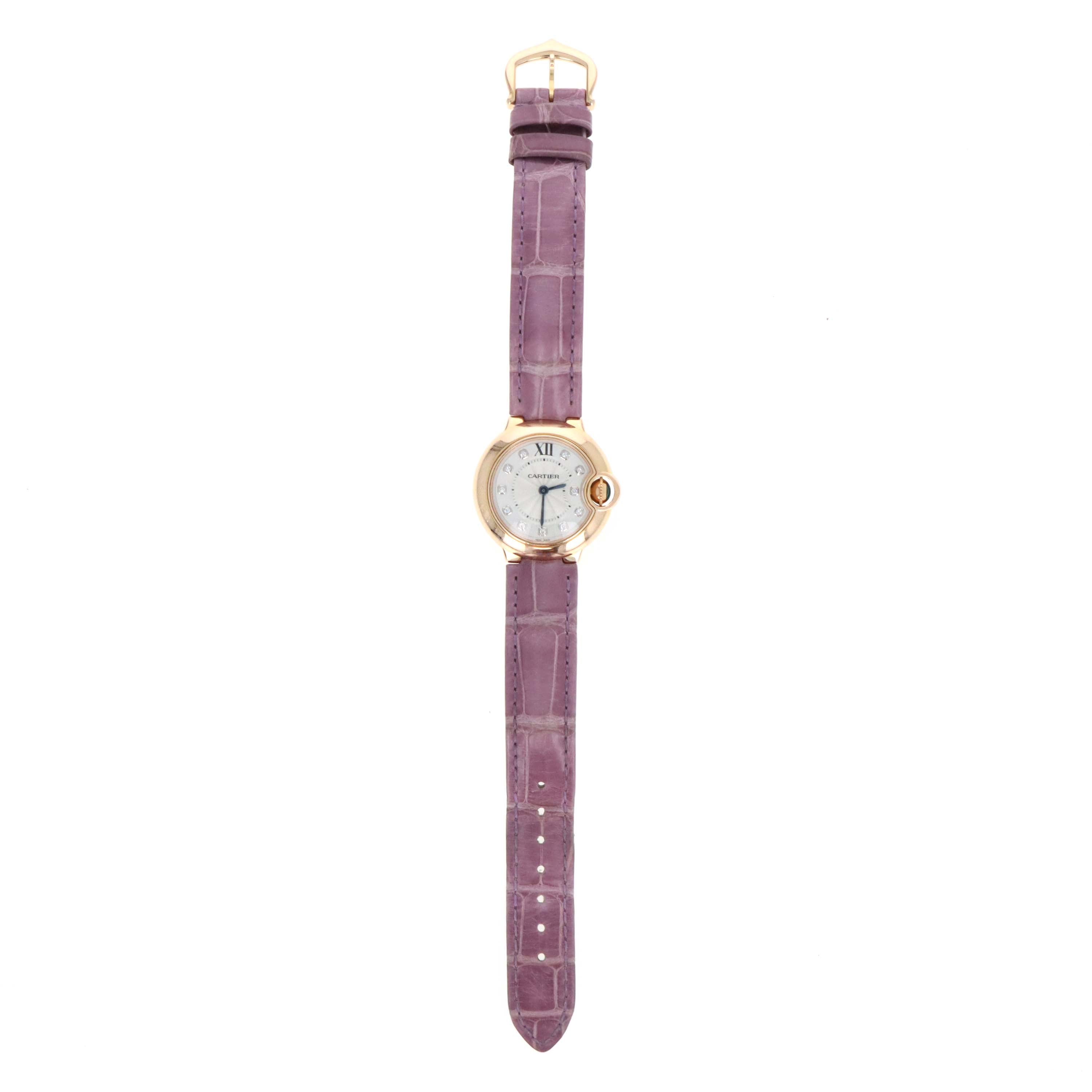 Cartier Ballon Bleu 28mm 18K Rose Gold Diamond Dial Ladies Watch With Purple Leather Strap Reference WE902050 - Queen May