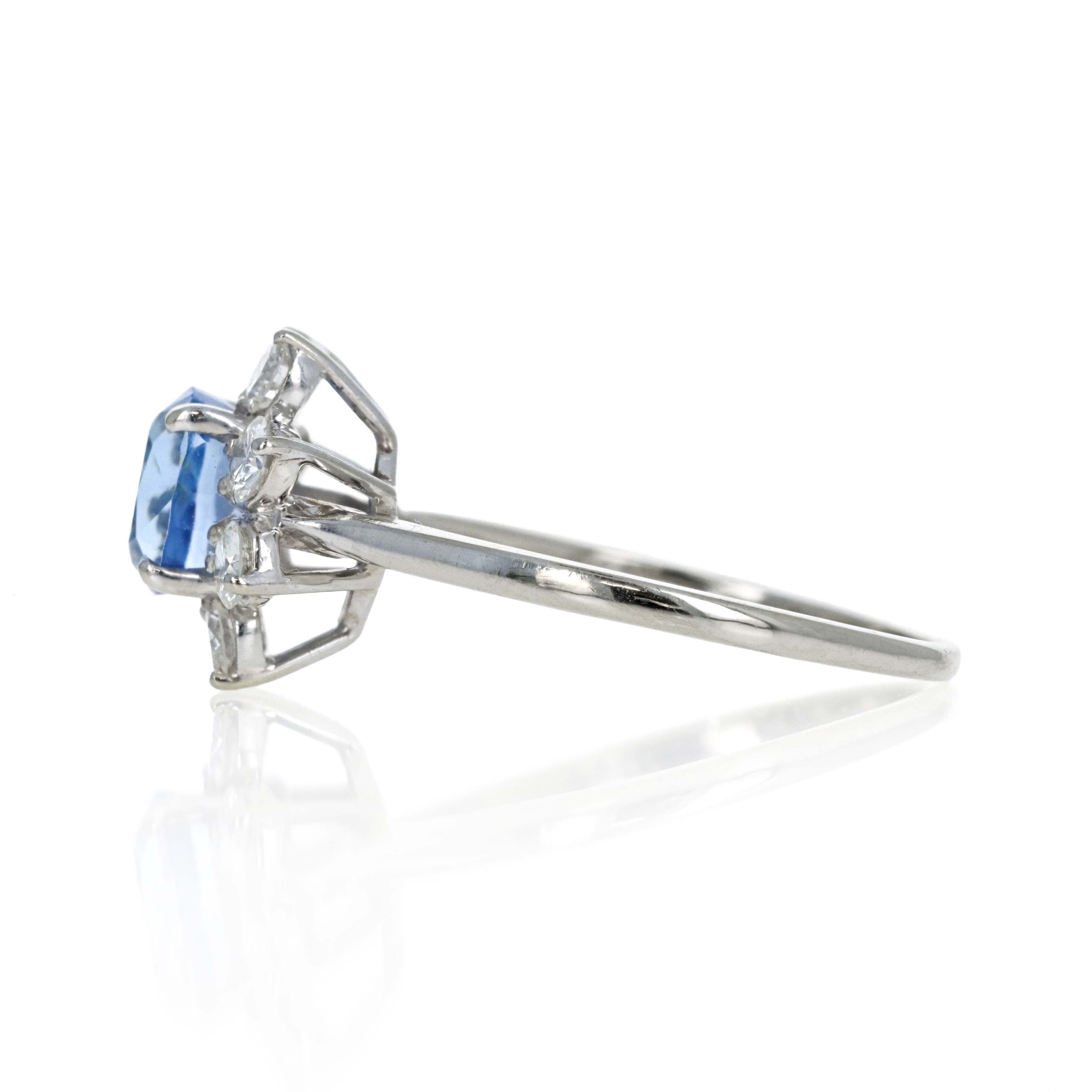 Vintage 14K White Gold 1.55 Carat Cushion Sapphire Diamond Halo Ring - Queen May