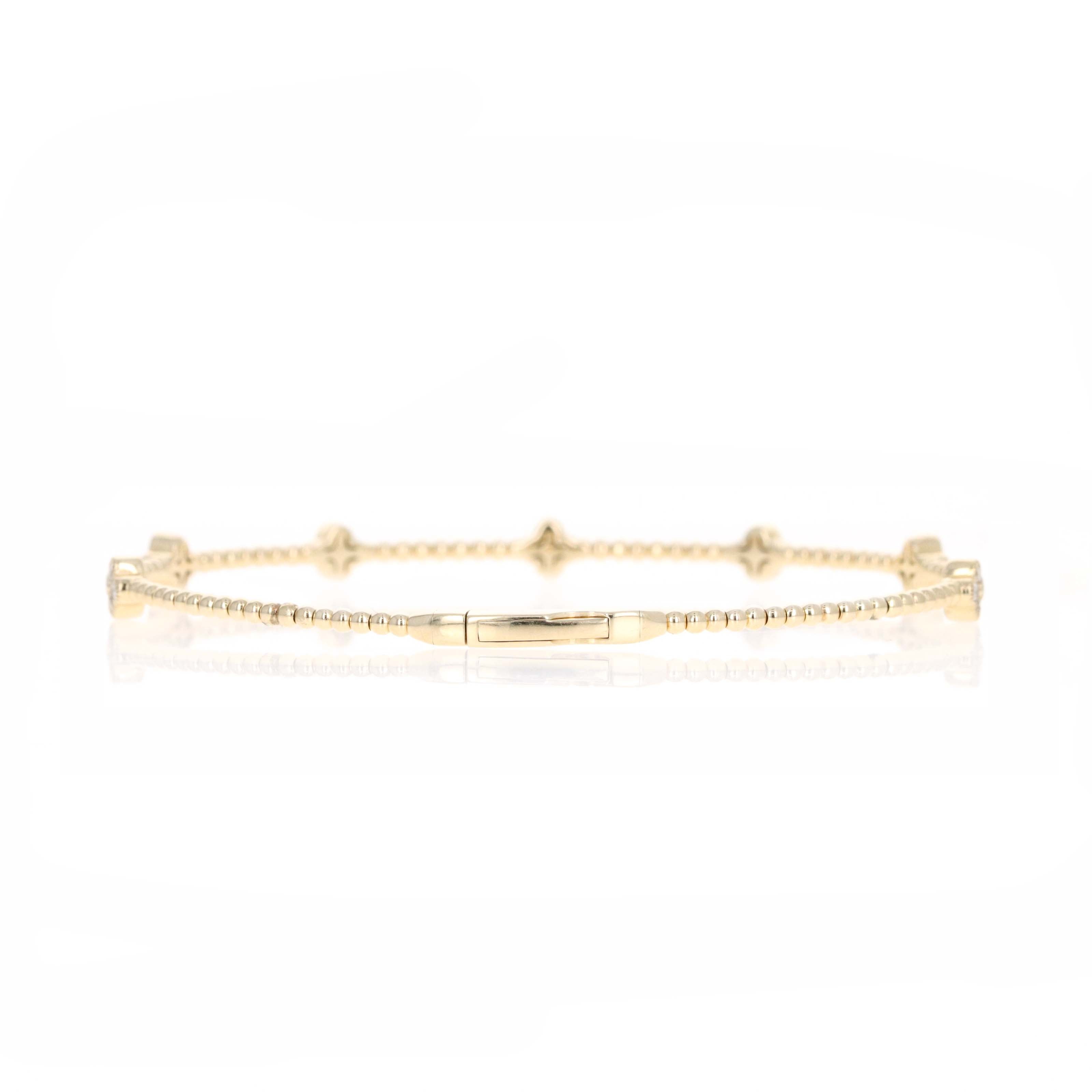 14K Yellow Gold Diamond Clover Floral Bead Flexible Bangle - Queen May