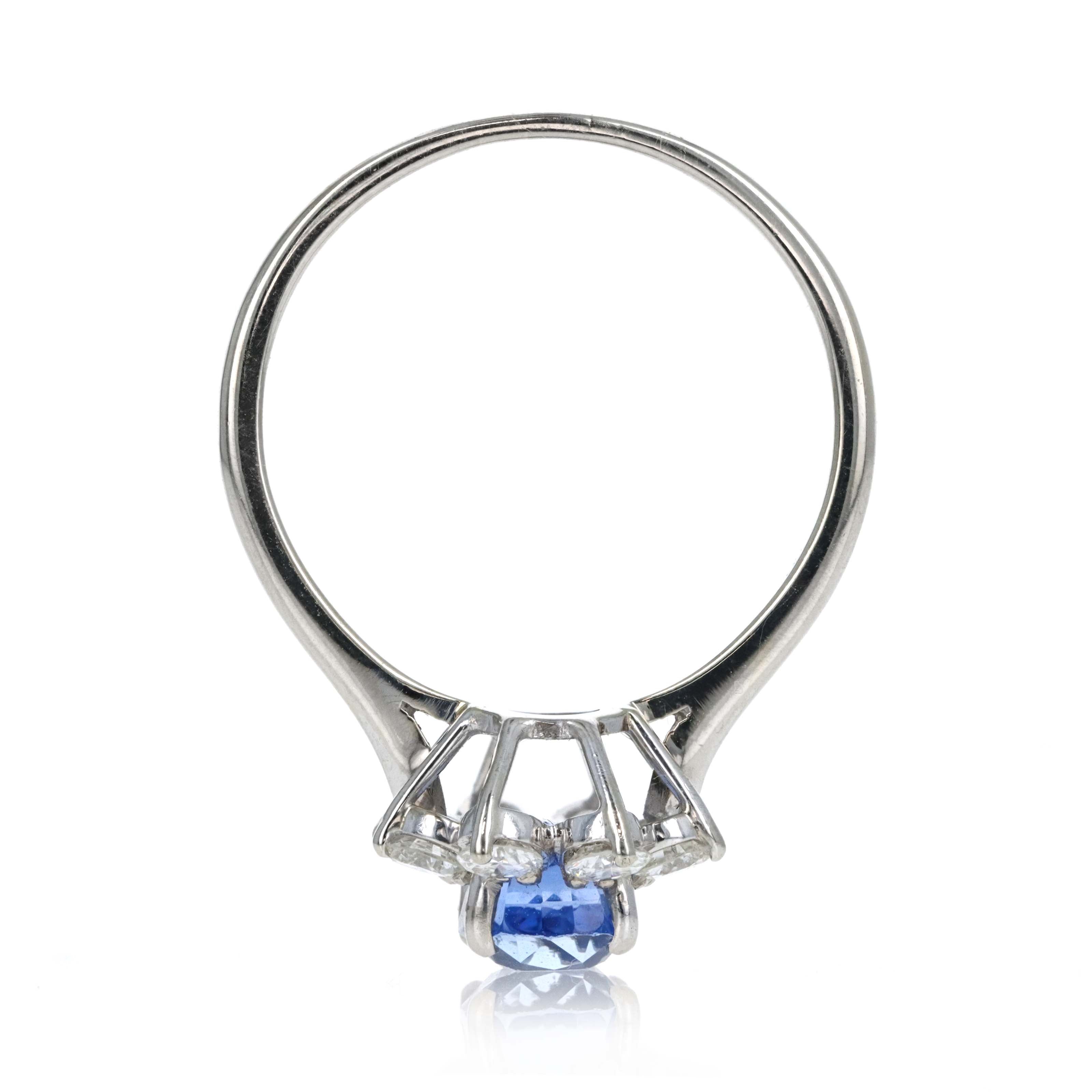 Vintage 14K White Gold 1.55 Carat Cushion Sapphire Diamond Halo Ring - Queen May