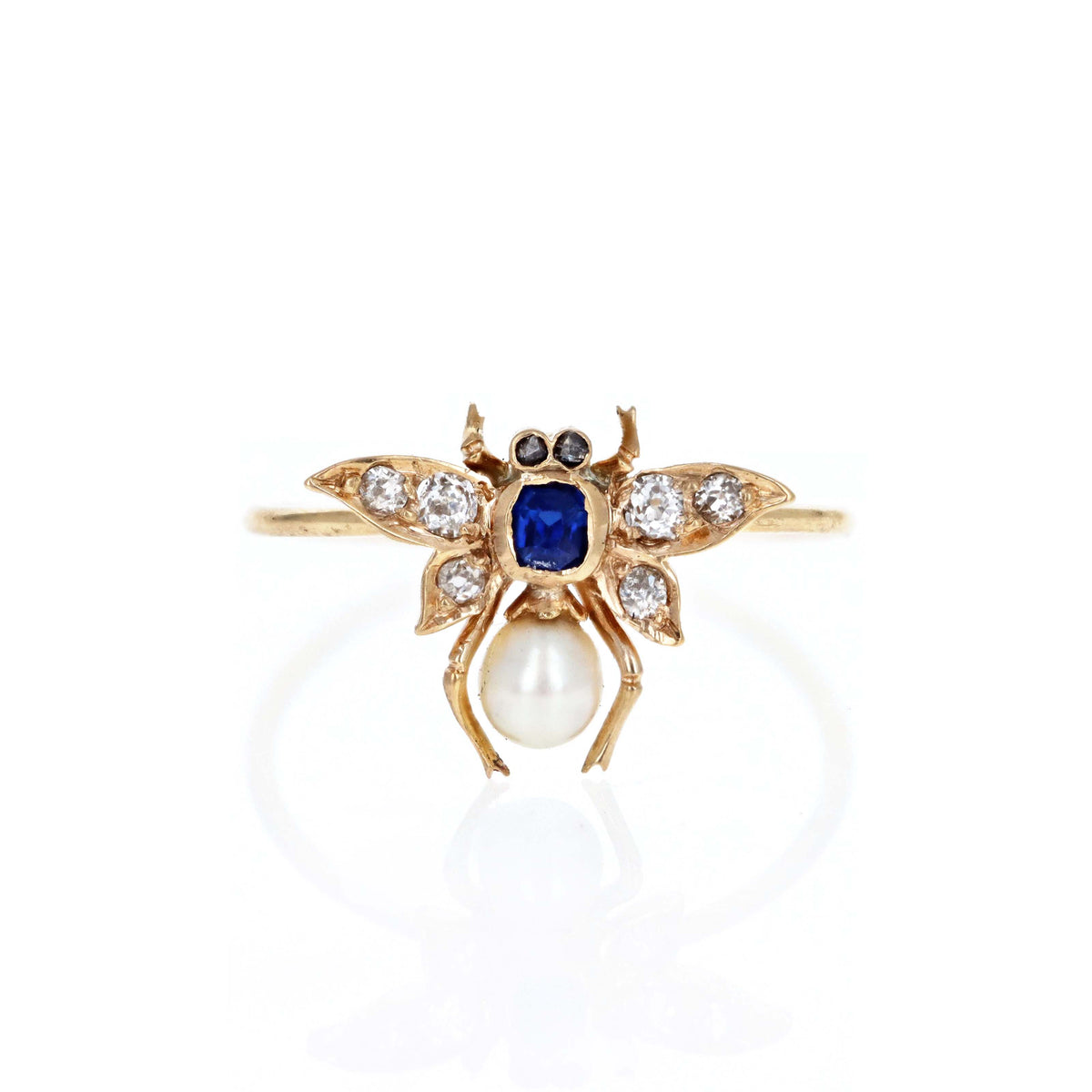 Victorian 18K Yellow Gold Diamond, Sapphire & Pearl Stick Pin Conversion Bee Ring