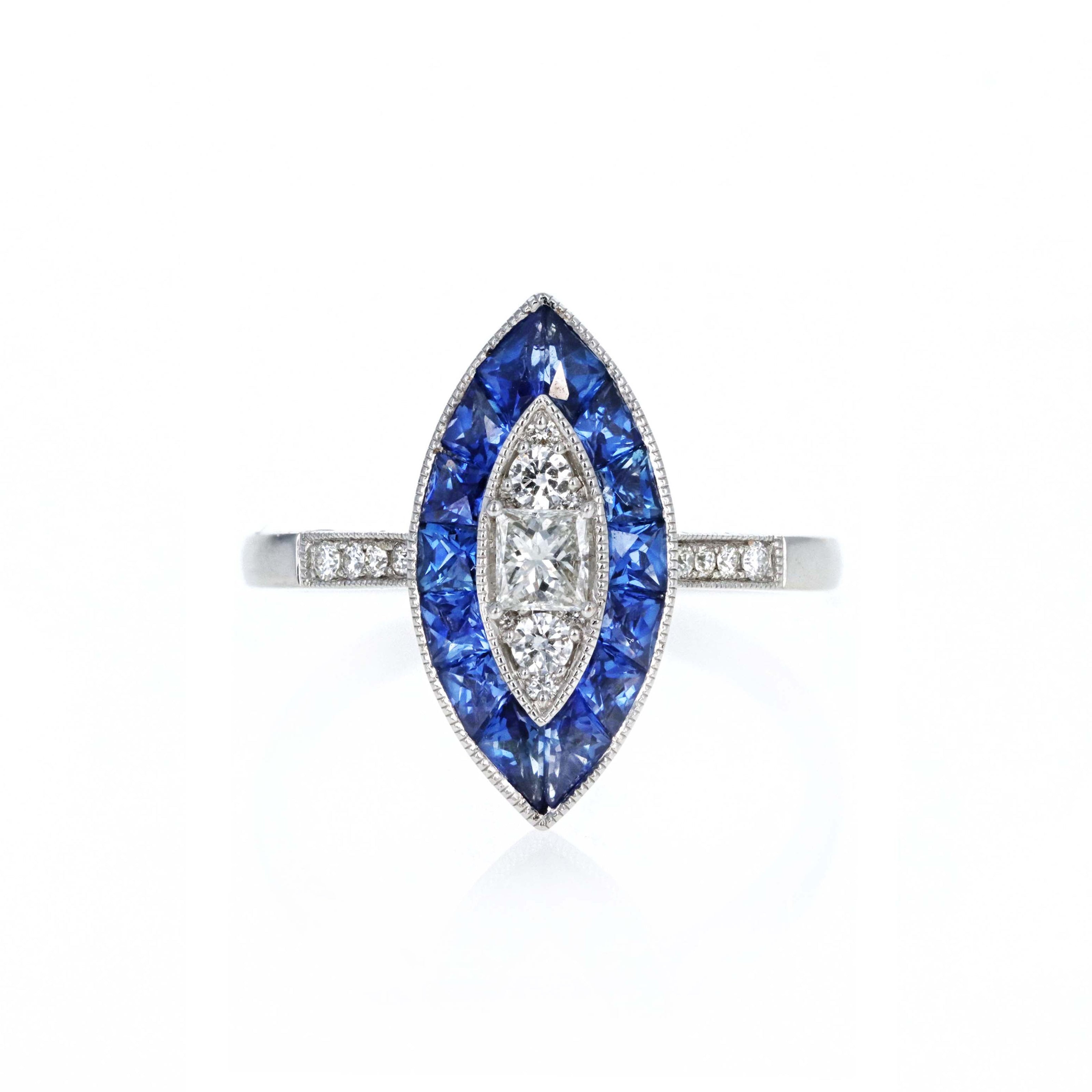 Art Deco Inspired 18K White Gold Princess Diamond Sapphire Halo Marquise Ring - Queen May