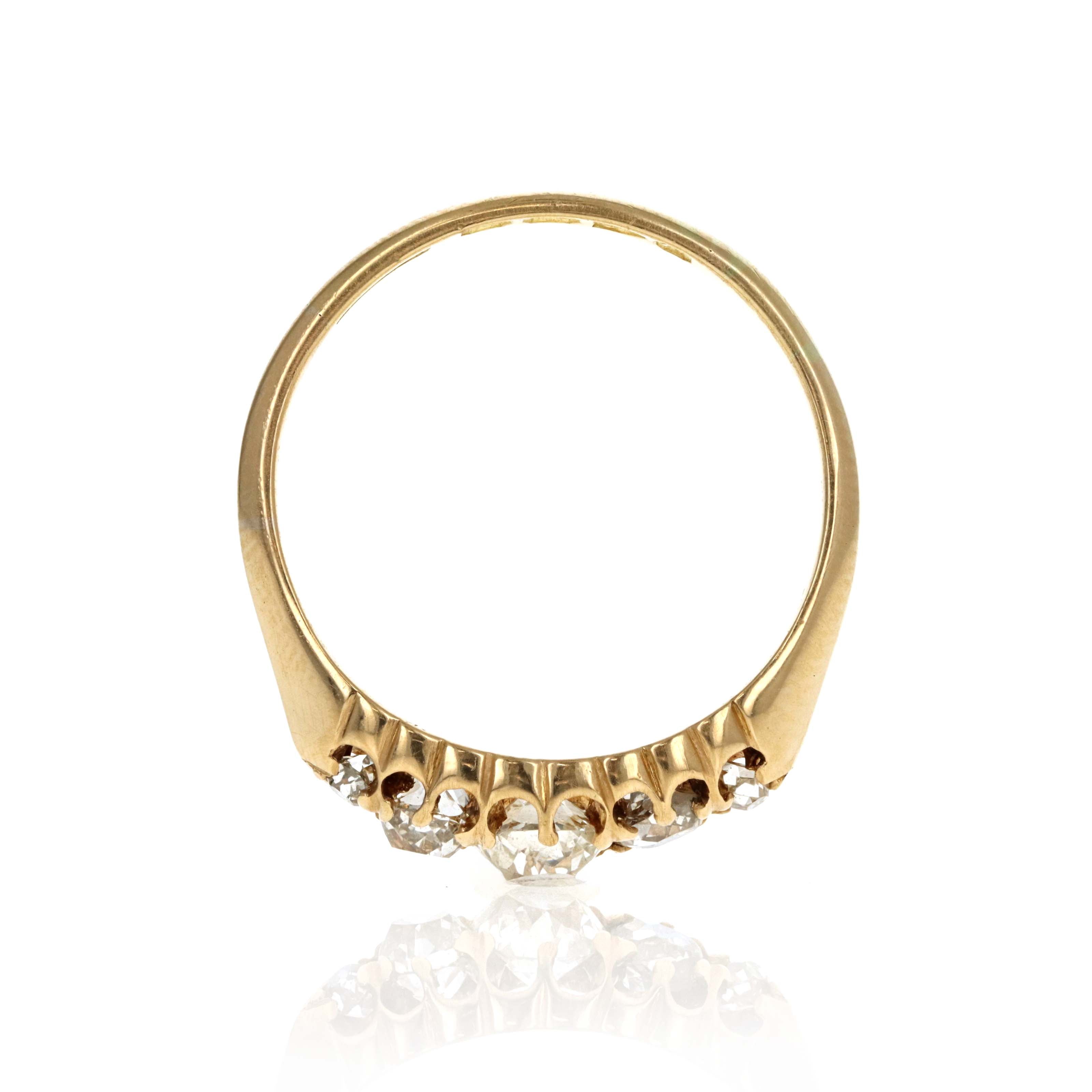 Victorian 18K Yellow Gold 0.95 Carat Old Mine Cut Diamond Five Stone Ring