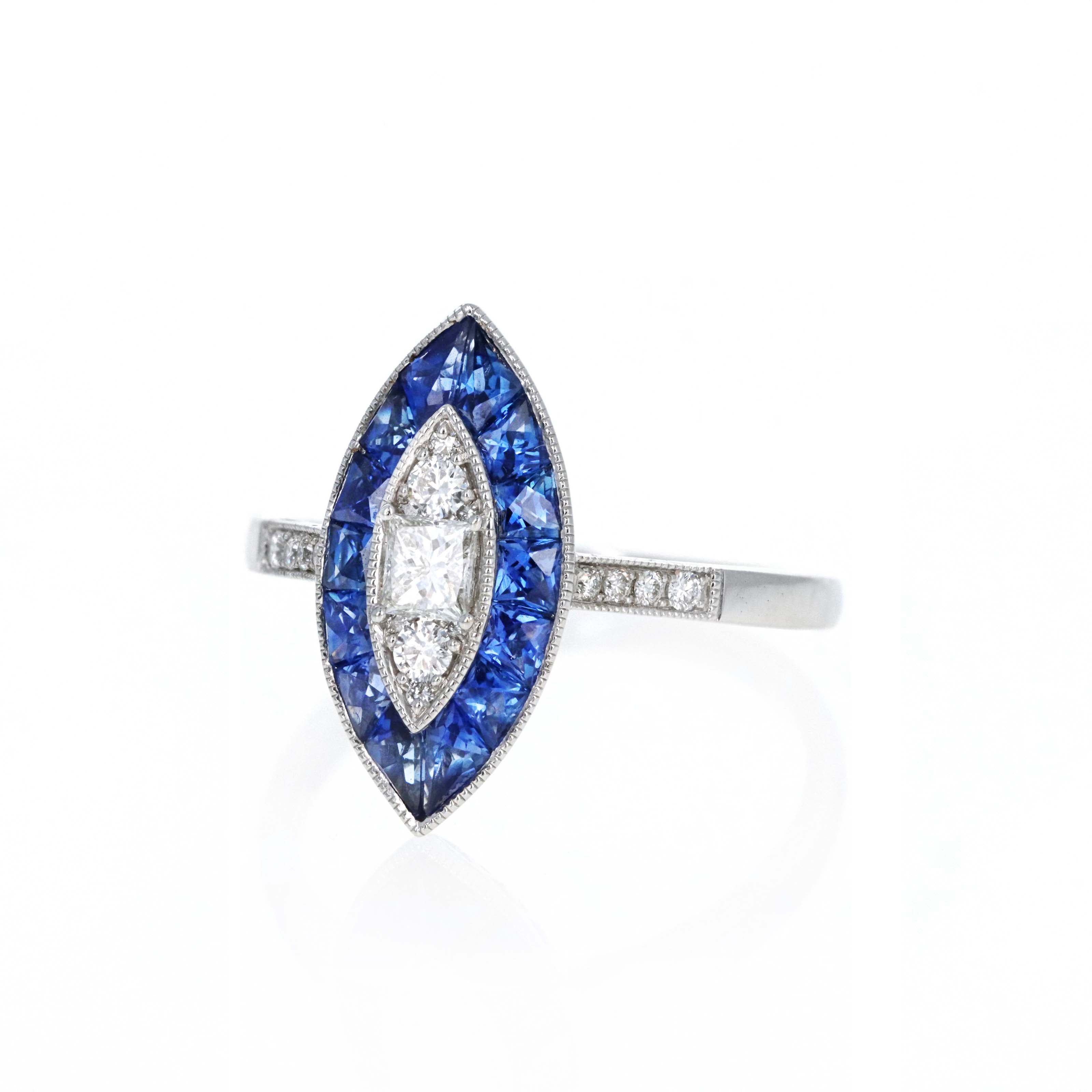 Art Deco Inspired 18K White Gold Princess Diamond Sapphire Halo Marquise Ring - Queen May