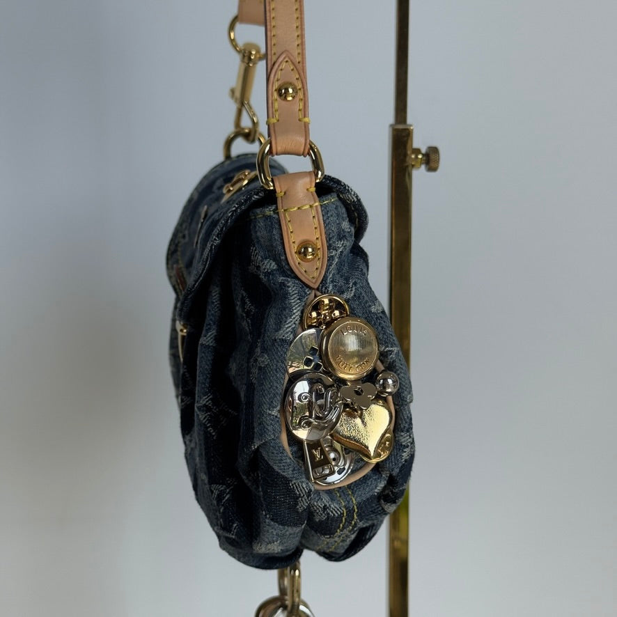 Rare Limited Edition Louis Vuitton Blue Monogram Raye Denim Judy Blame Mini Pleaty Gold & Silver Hardware, 2008 6 Charms - Queen May