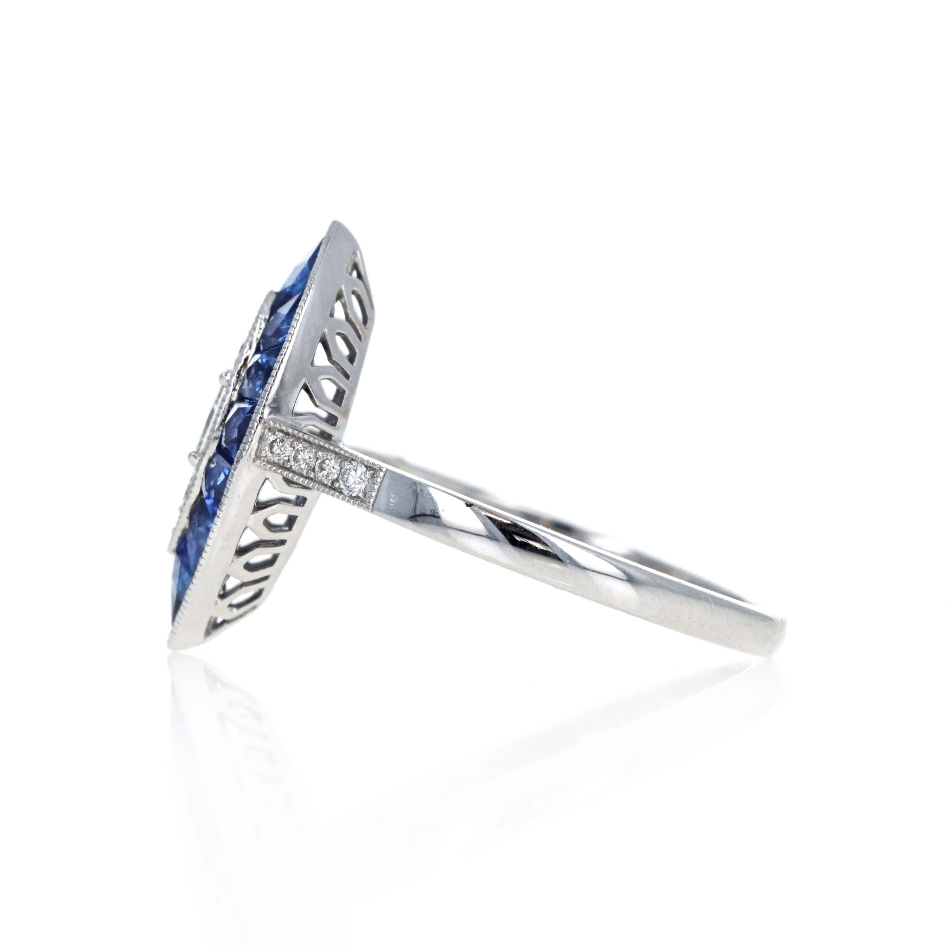 Art Deco Inspired 18K White Gold Princess Diamond Sapphire Halo Marquise Ring - Queen May