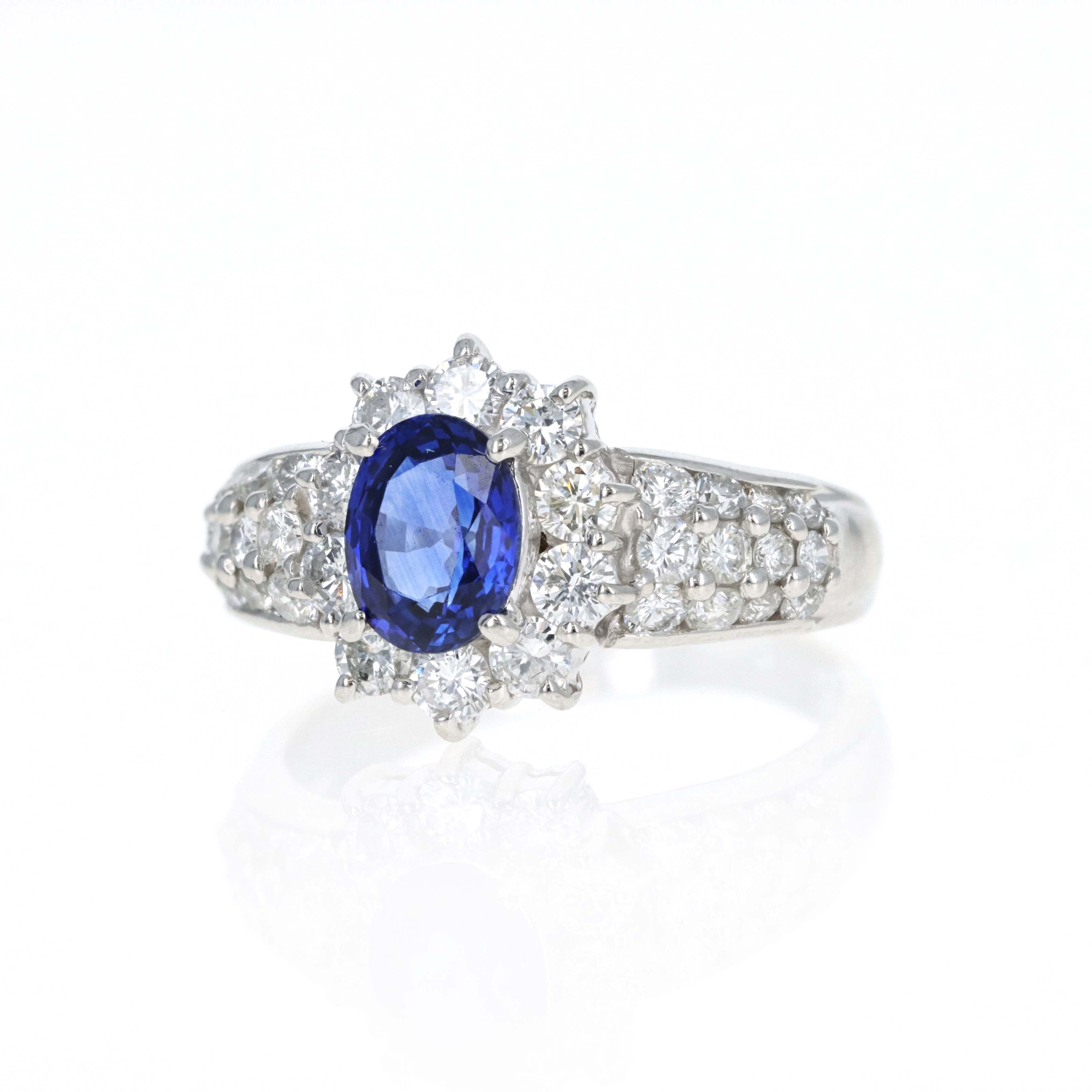 Platinum 1.42 Carat Oval Sapphire Diamond Halo Pave Accented Ring - Queen May